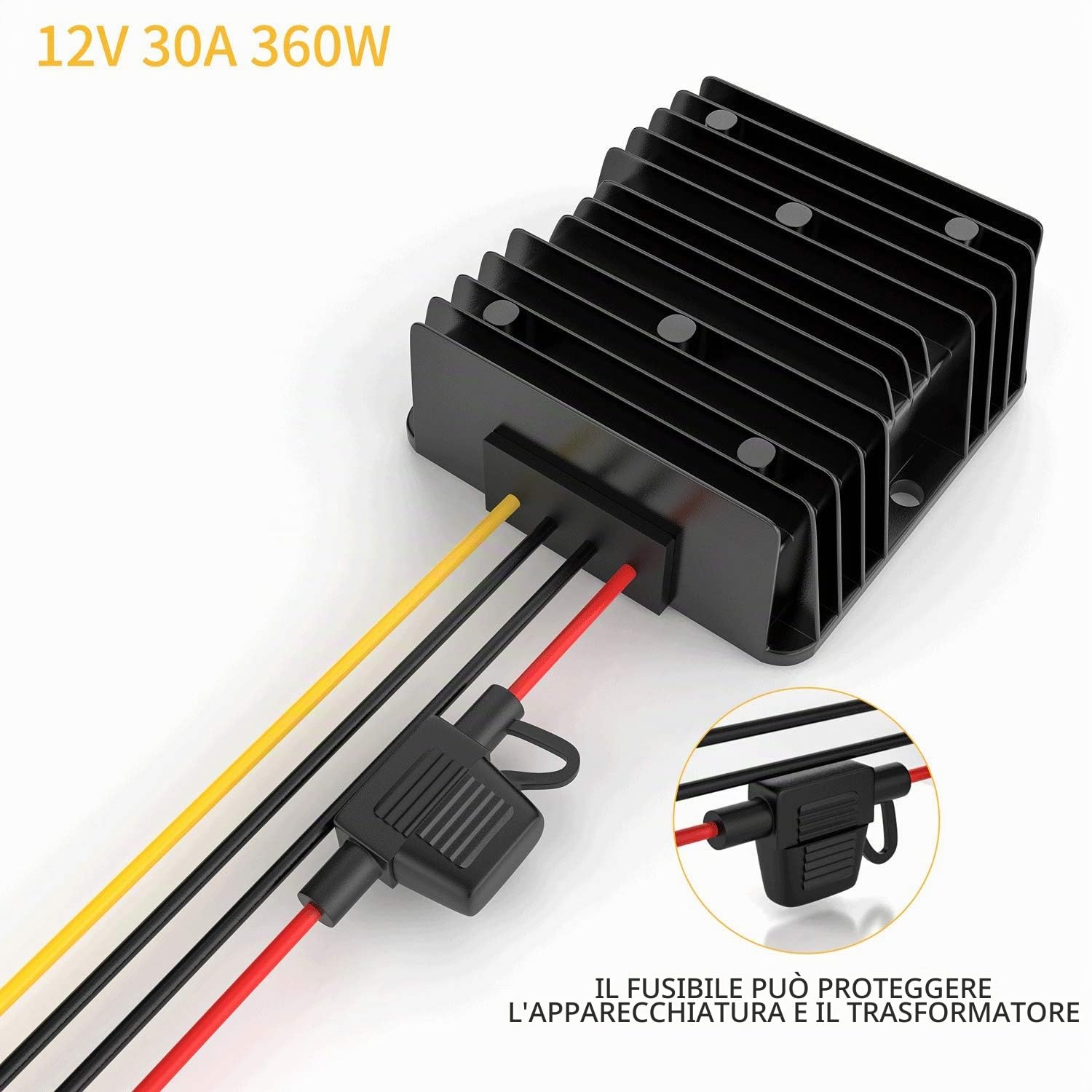 Convertitore da 24 V a 12 V, trasformatore step-down da 30 A, 360 W, impermeabile, con fusibile incluso, riduttore di tensione per carrelli da golf, auto, camion, barche, sistemi LED