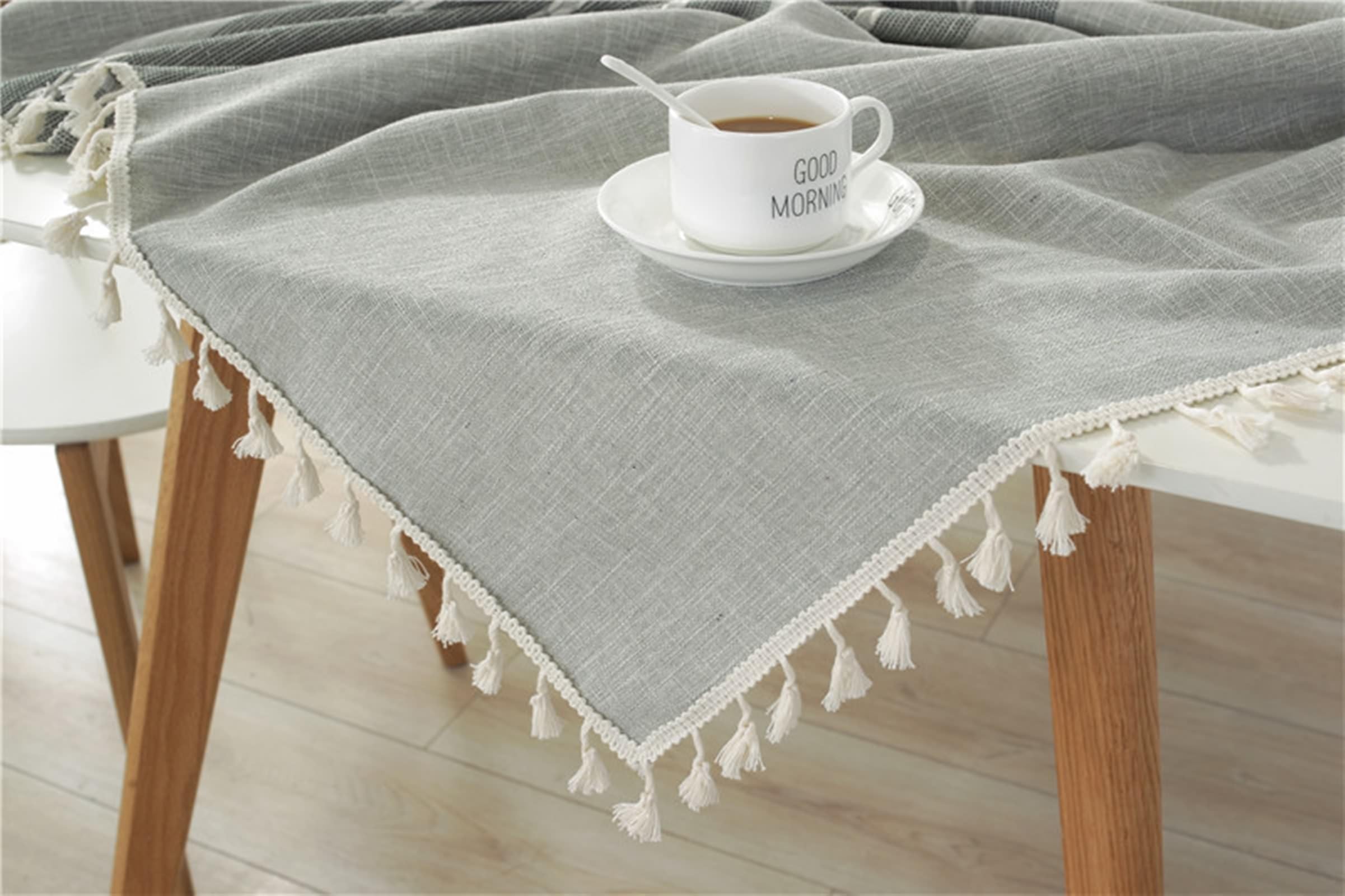 Manteles para Mesa, 140 x 220 cm, Gris, Estilo 3, Rectangular, Mantel de Lino Algodón Color Liso con Encaje Jacquard