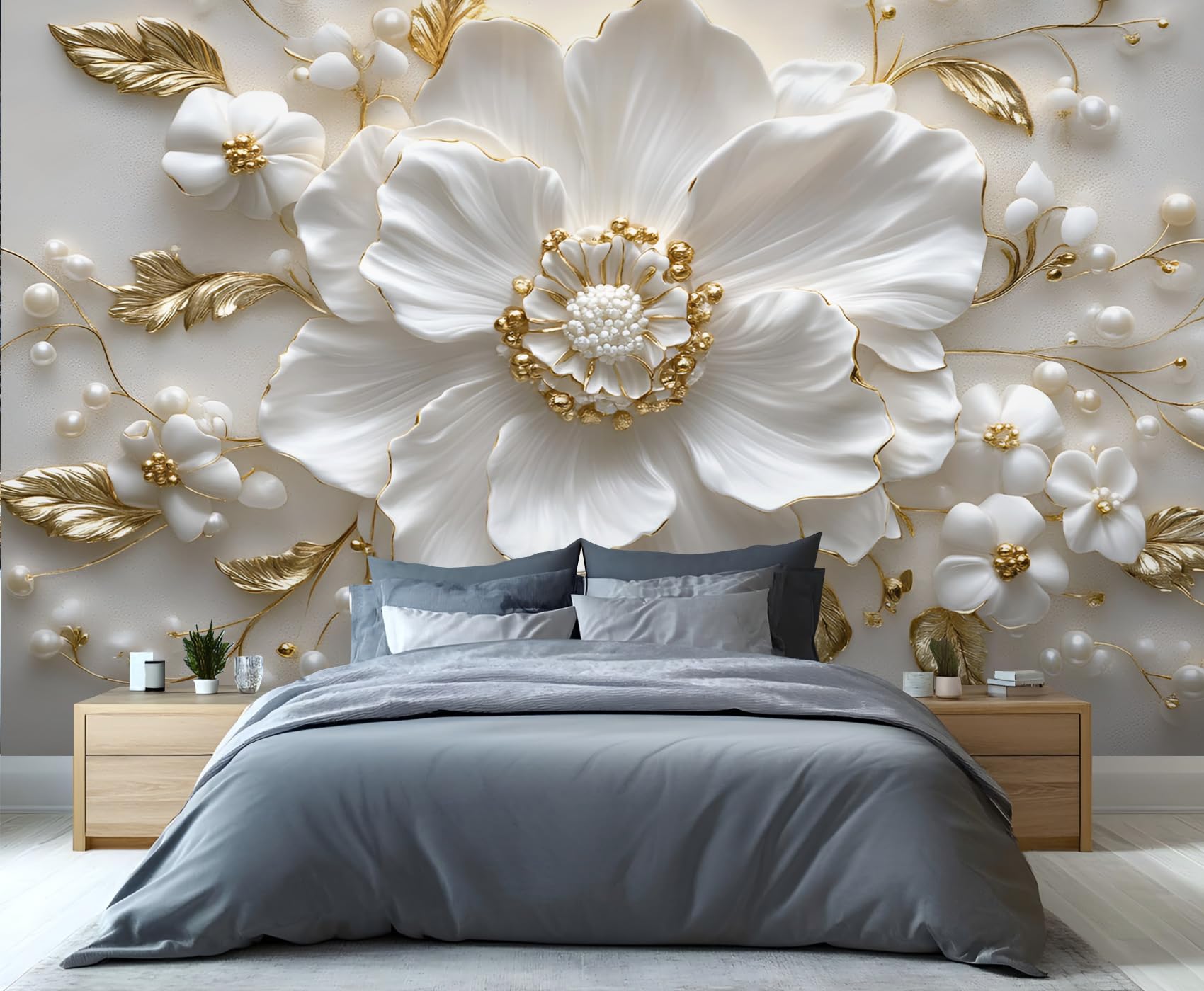 GIVLWF Floral Wallpaper, 3D Emboss Flowers Peel and Stick Wallpaper for Bedroom, European White Wall Paper for Living Room, Light Luxury Wall Mural, Beauty Large Mural & Room Decor