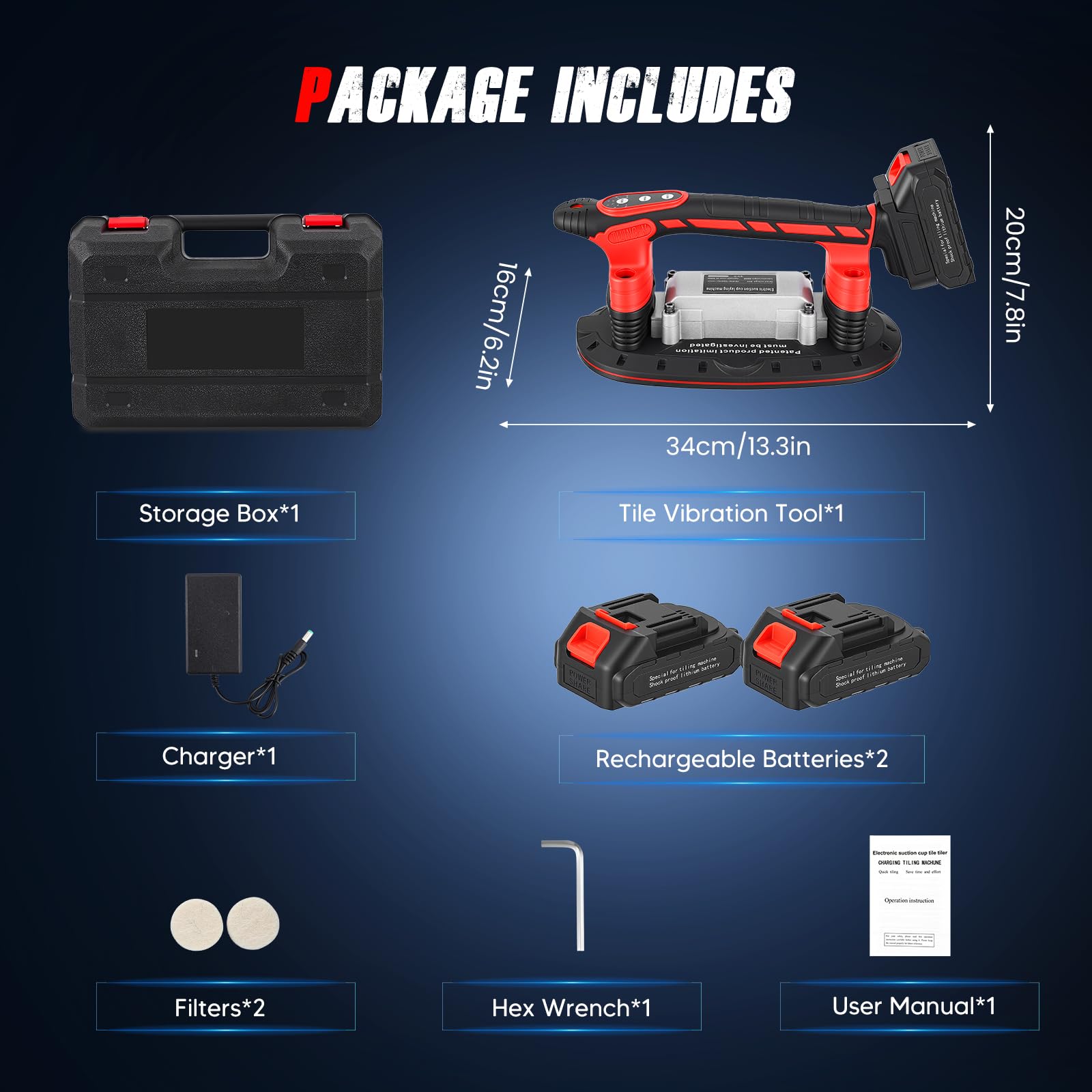 2 en 1 Herramienta de vibración para azulejos sin cables, ventosa potente y 6 velocidades ajustables, 2 baterías de 2500 mAh, 24000 RPM, para instalar azulejos, mármol, vidrio y madera