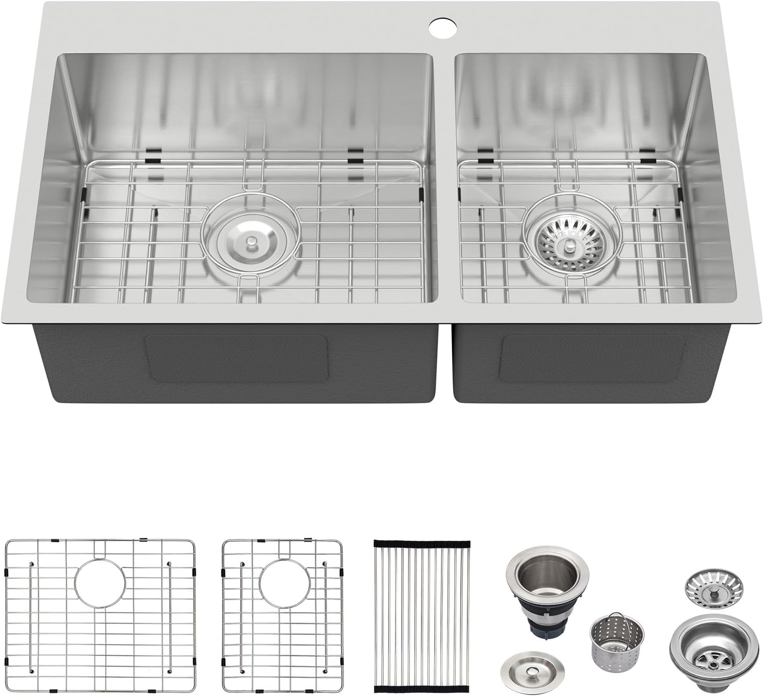 Logmey 33 Inch Double Bowl Kitchen Sink 60/40 Undermount Sinks 33x19 Workstation Sink 304 16 Gauge Stainless Steel Low Divide 2 Bowl Sinks 33x19x9