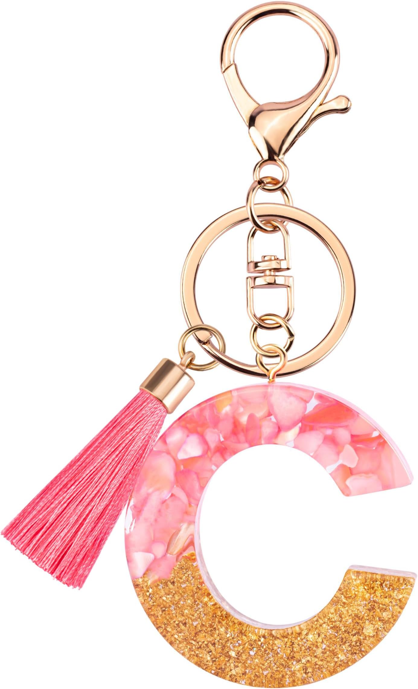 Suweibuke Cute Pink Key Chains for Women Girls, Initial Letter Keychains with Tassel, Charms for Key Purse Handbags Backpacks