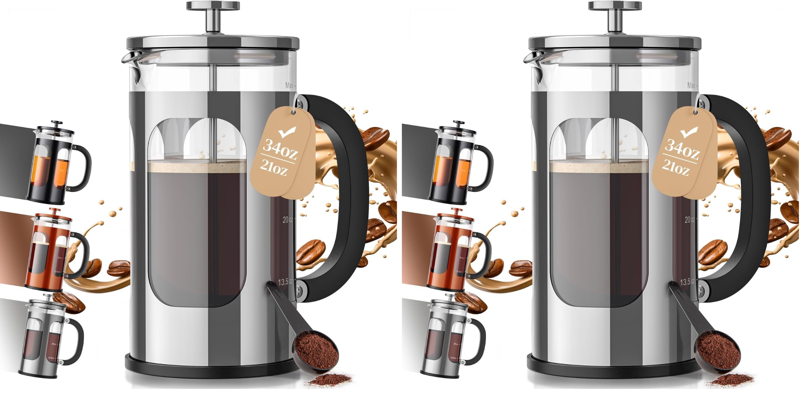 Veken French Press Coffee Maker,No Plastic Touching Cafe,34oz 1L Cafetera,Heat Resistant Thickened Borosilicate Glass Stainless Steel Brewer,Pot for Kitchen,Travel,Camping,Tea,Gifts,Silver (Pack of 2)
