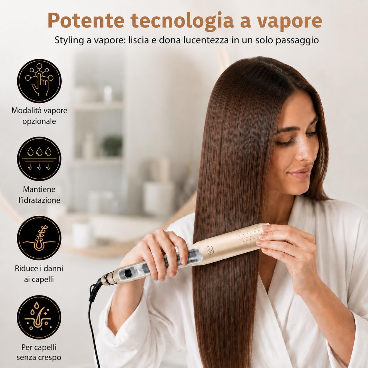 Piastra per Capelli a Vapore, Golden Goods Piastra capelli Professionale 2 in 1 Steampod, Vapore potente, Piastre Larghe, 10 temperature a 230 Gradi, Cavo 2 m