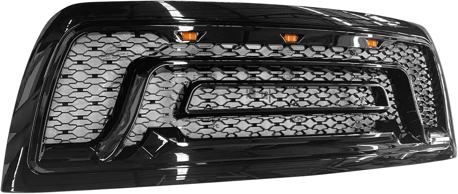 FREEMOTOR802 Front Grille with Amber LED Lights Compatible with 2010-2018 Dodge Ram 2500 3500, Front Bumper Hood Grille Replacement Gloss Black ABS Plastic