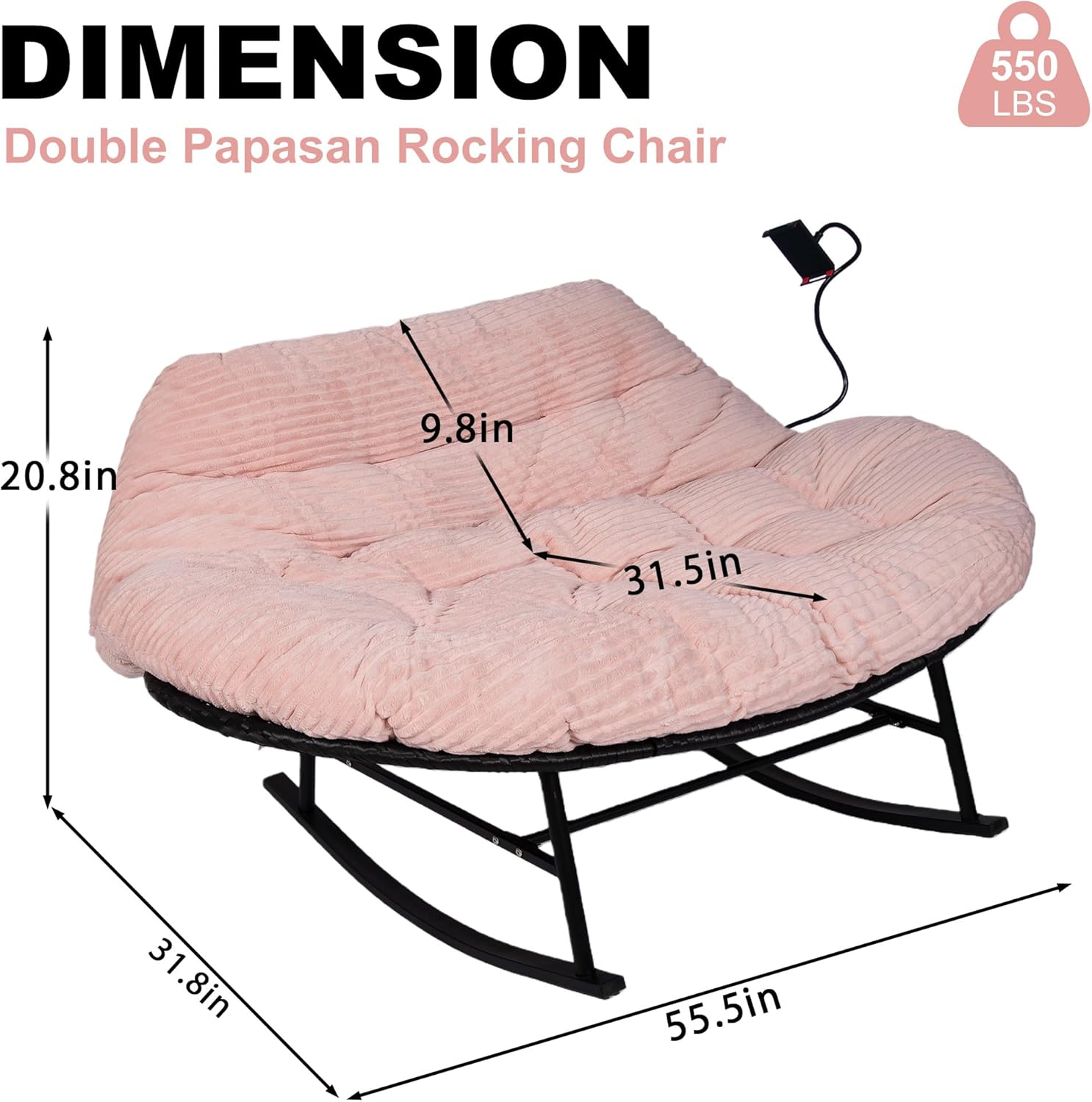 Double Outdoor Rocking Papasan Chair, 2-Person Oversized Loveseat Rocker with Thickened Soft Cushion & Rattan Wicker Frame for Patio, Garden, Balcony Relaxation (Plush-Pink)