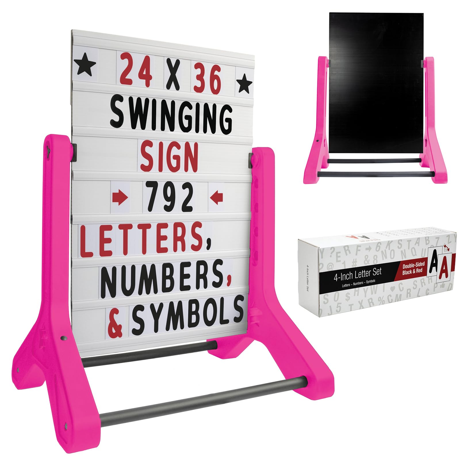 Swinging Changeable Message Sidewalk Sign 24″ x 36″ – Outdoor Advertising Sign Board with 792 Pre-Cut Double-Sided Letters &amp; Storage Box – Heavy-Duty, Rust-Resistant Sidewalk Display for Businesses &amp; Events (Pink Legs)