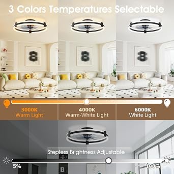 NIORSUN 50CM LED Ceiling Fans with Lights,Ceiling Fan Light with APP Remote,6 Speeds Modern Bedroom Fan Ceiling Light Quiet Dimmable, Small Smart Ceiling Fan Light for Living Room（Black [Energy Class E]