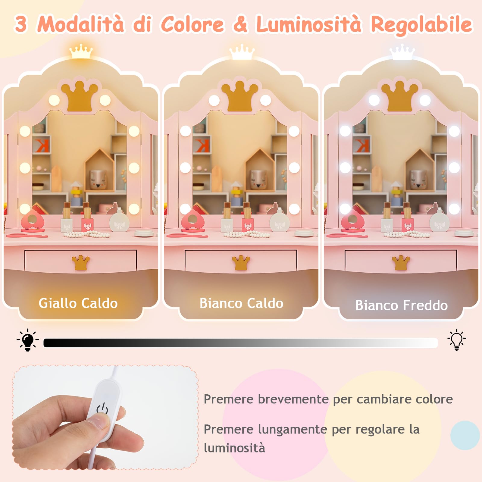 GYMAX Set Vanity Toeletta per Bambini, Tavolo da Trucco da Principessa con Specchio Triplo, Luci Dimmerabili a 3 Colori, Cassetto e Sgabello per Cameretta Bambina, 80 x 40 x 106 cm (Rosa)