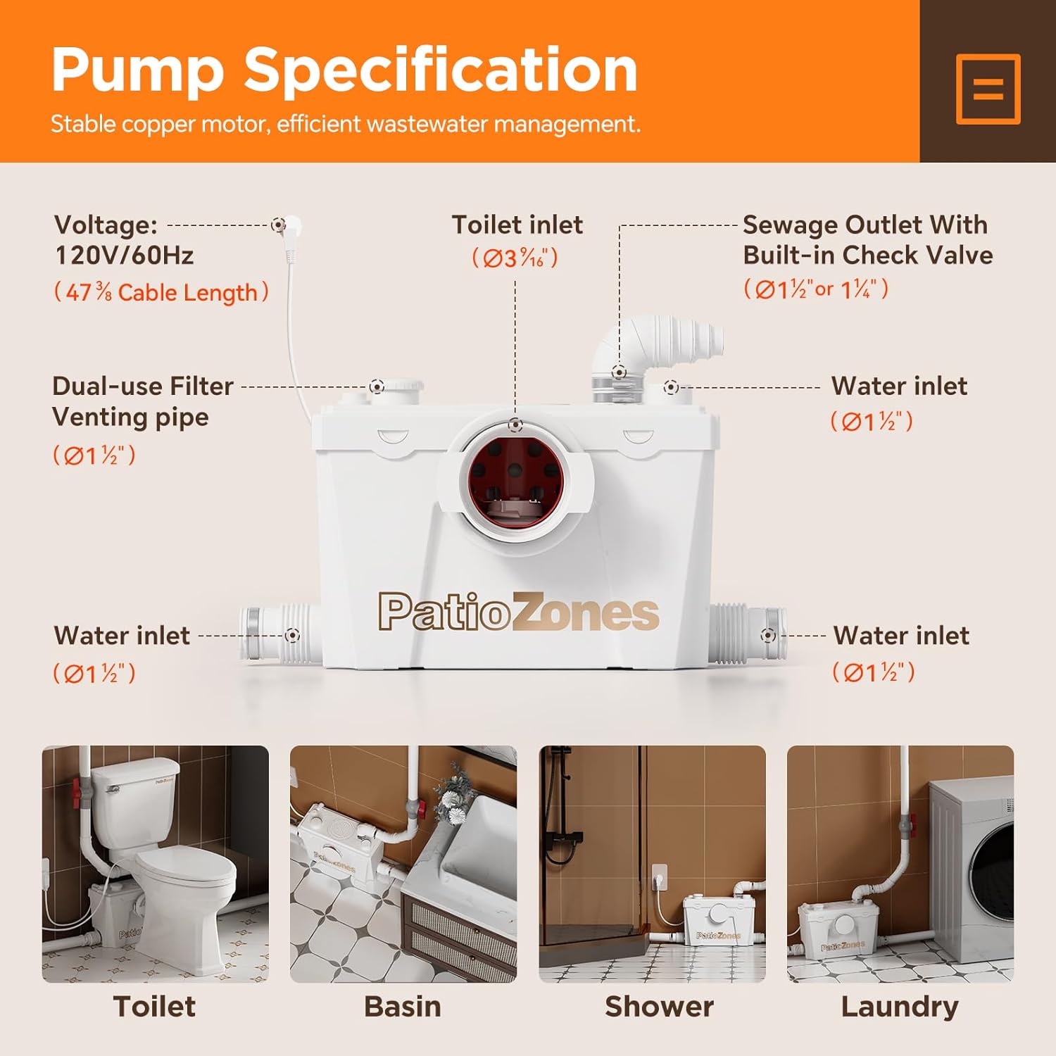 36ft Macerating Toilet System, Upflush Toilet with Grinder Pump for Basement, Copper Motor, Two-Piece ADA Tall Toilet, Heated Seat Cover/Bidet Attachment/Extension Pipe Included, Quite Operation