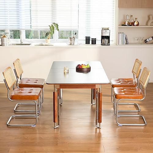 Miniatura 13 de Juego de 4 sillas de comedor de ratán blanco, sillas de cocina modernas de madera de mediados de siglo, sillas de comedor de caña trasera de malla,