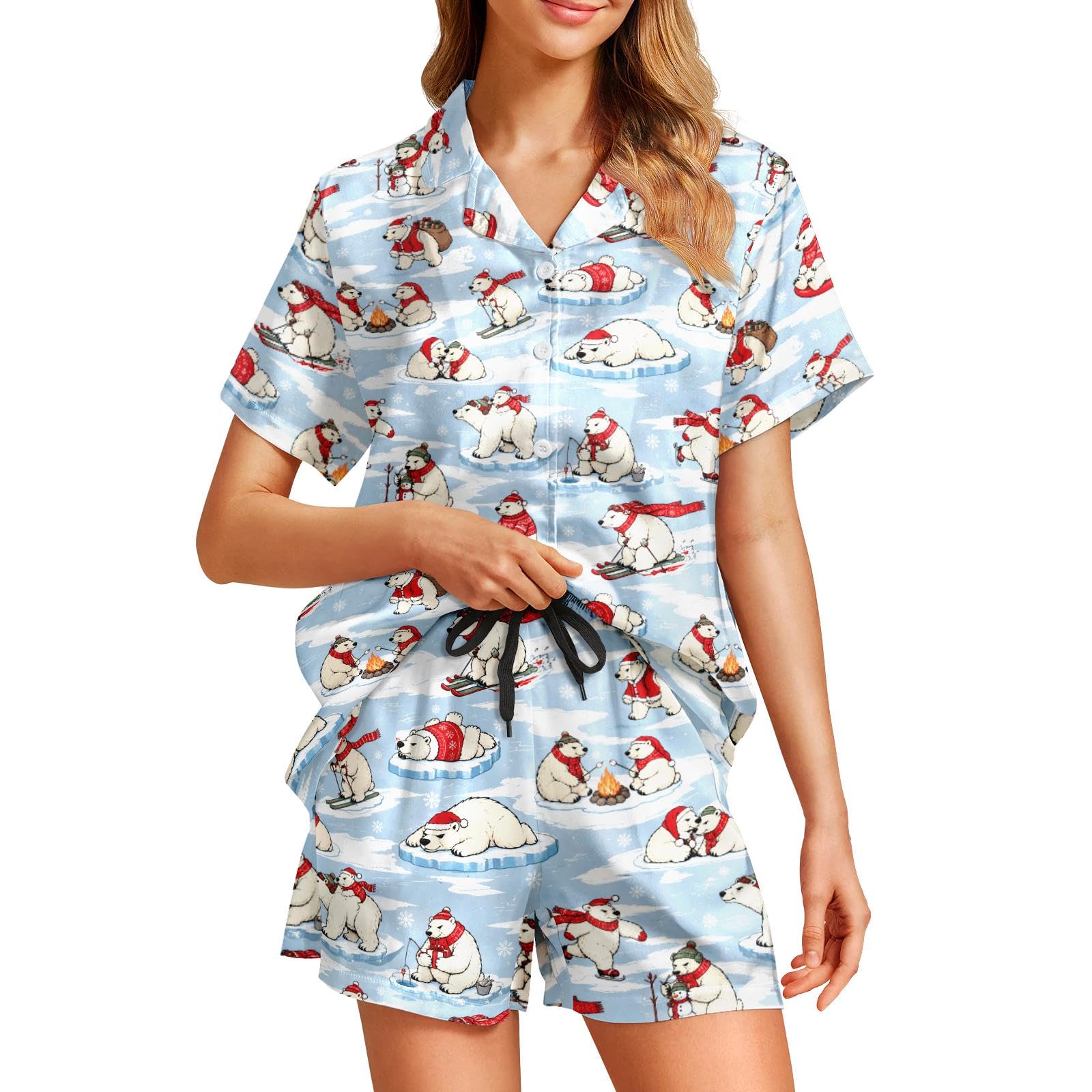 Funny Pajamas for Women Set Print Satin Loungewear Pjs Short Sleeve Button Down Top and Shorts Sets Sleepwear XS-3XL
