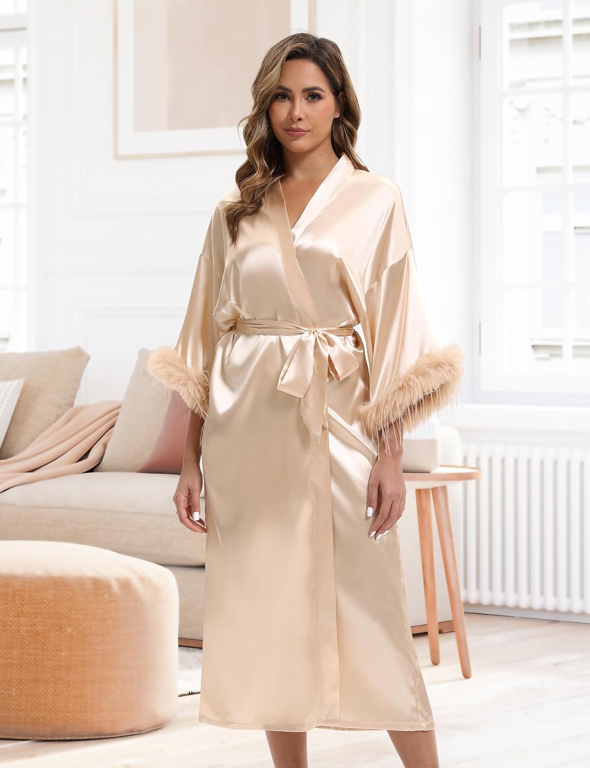Bride Robe for Wedding Day with Feather Trim Satin Robe for Women Bridal Party Long Silky Kimono