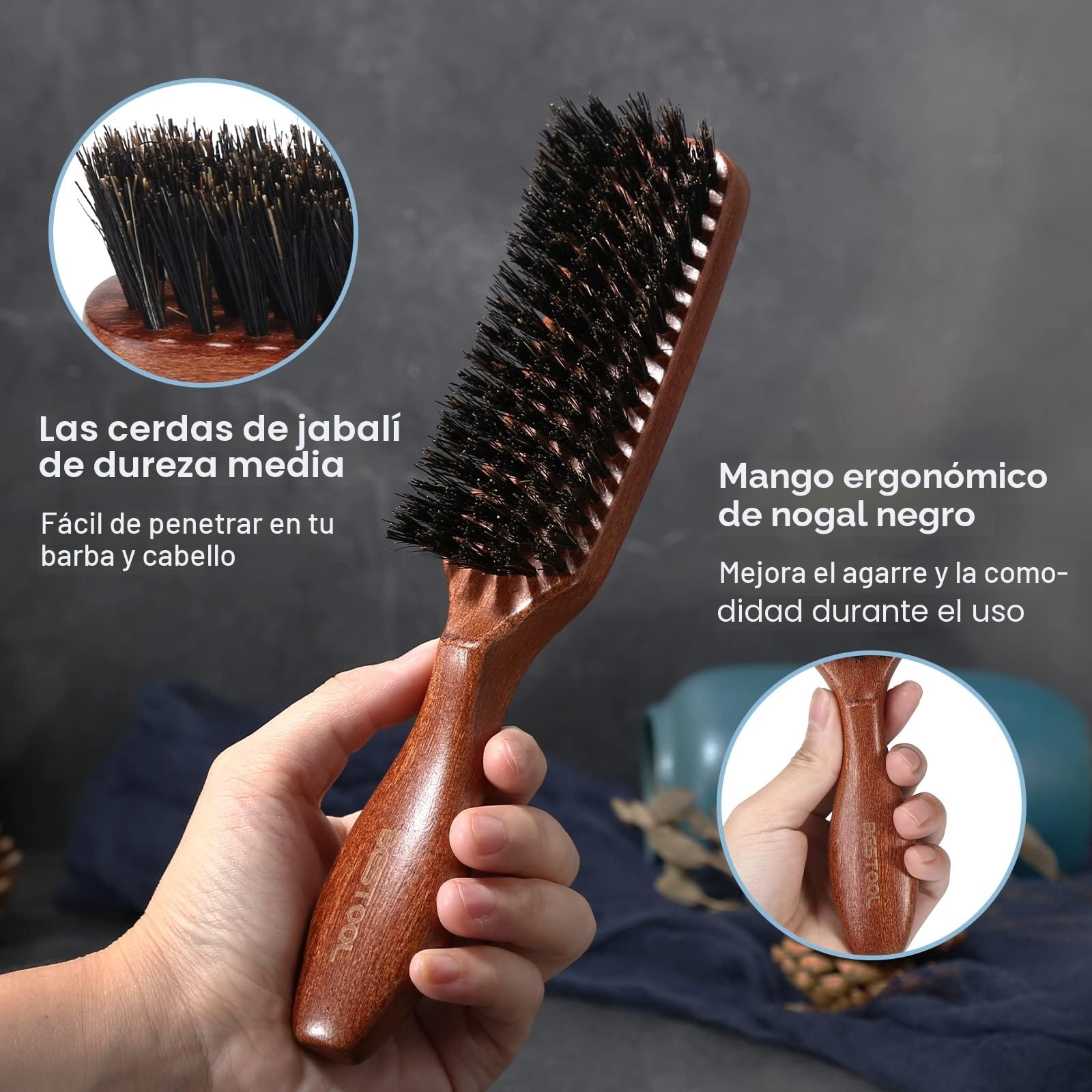 BESTOOL Cepillo para el pelo, cerdas de jabalí, para mujeres, hombres, niños, para desenredar y peinar, cerdas naturales para cabello fino y fino, cepillo de barba (Rojo marrón)