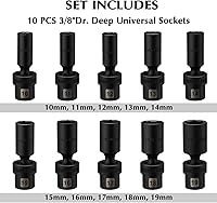 Vista 2 de EMENTOL 10 piezas 3/8" de profundidad Juego de enchufes de impacto universales profundos, 6 puntos, métrico, CR-MO, juego de enchufes de impacto