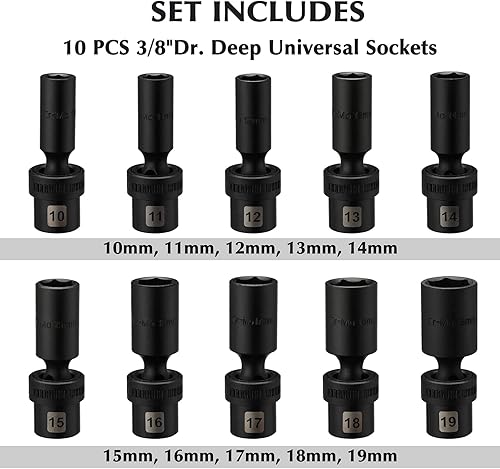 Miniatura 2 de EMENTOL Juego de dados de impacto universal de 10 piezas, 38 pulgadas, 6 puntos, métricos, CR-MO, juego de llaves de impacto giratorias, 0.394 in -
