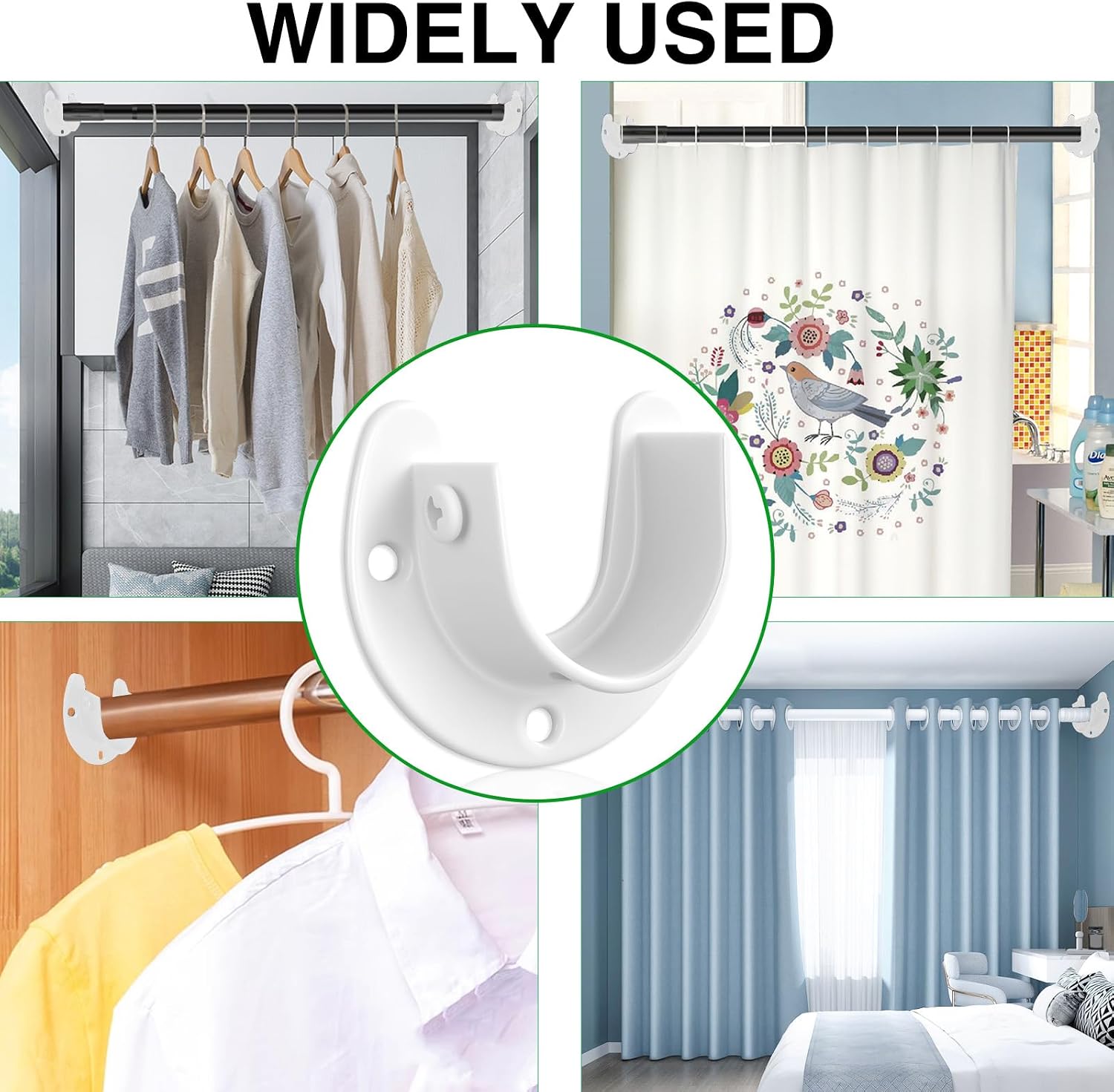 Heavy Duty Closet Rod Bracket - 2 Pack Stainless Steel U-Shaped Flange Sockets for 1-1/2" Rods, Rust-Proof Wall Mount Brackets with Screws & Anchors, Kitchen/Bathroom/Balcony Organizer(White)