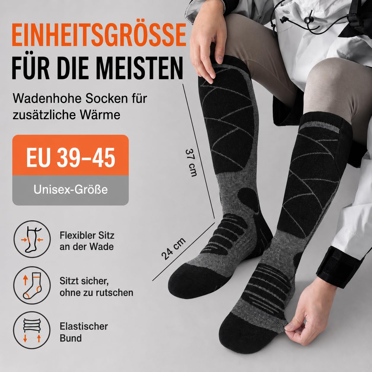 Beheizbare Socken für Herren Damen mit 6000mAh Akku | 6000 mAh Akku, bis zu 8,5 Stunden, 3 Heizstufen, volle Sohlenheizung