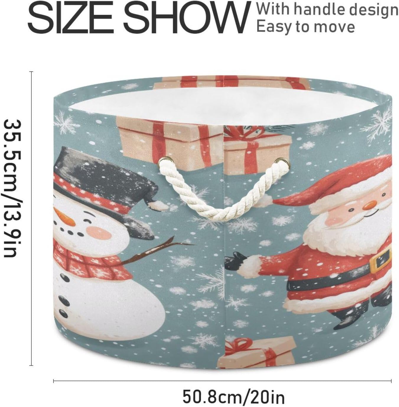 Santa Claus Snowman Extra Large Storage Basket Decorative Laundry Basket with Handles, Rope Basket for Clothes, Blanket, Towel, 20 x 14 Inch