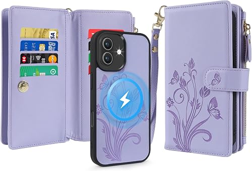 for iPhone 17 Series Case Wallet,Compatible with MagSafe 2 in 1 Magnetic Detachable PU Leather RFID Blocking Wallet Cover Card Holder Zipper Wrist Strap Lanyard, Light Purple, iPhone 17