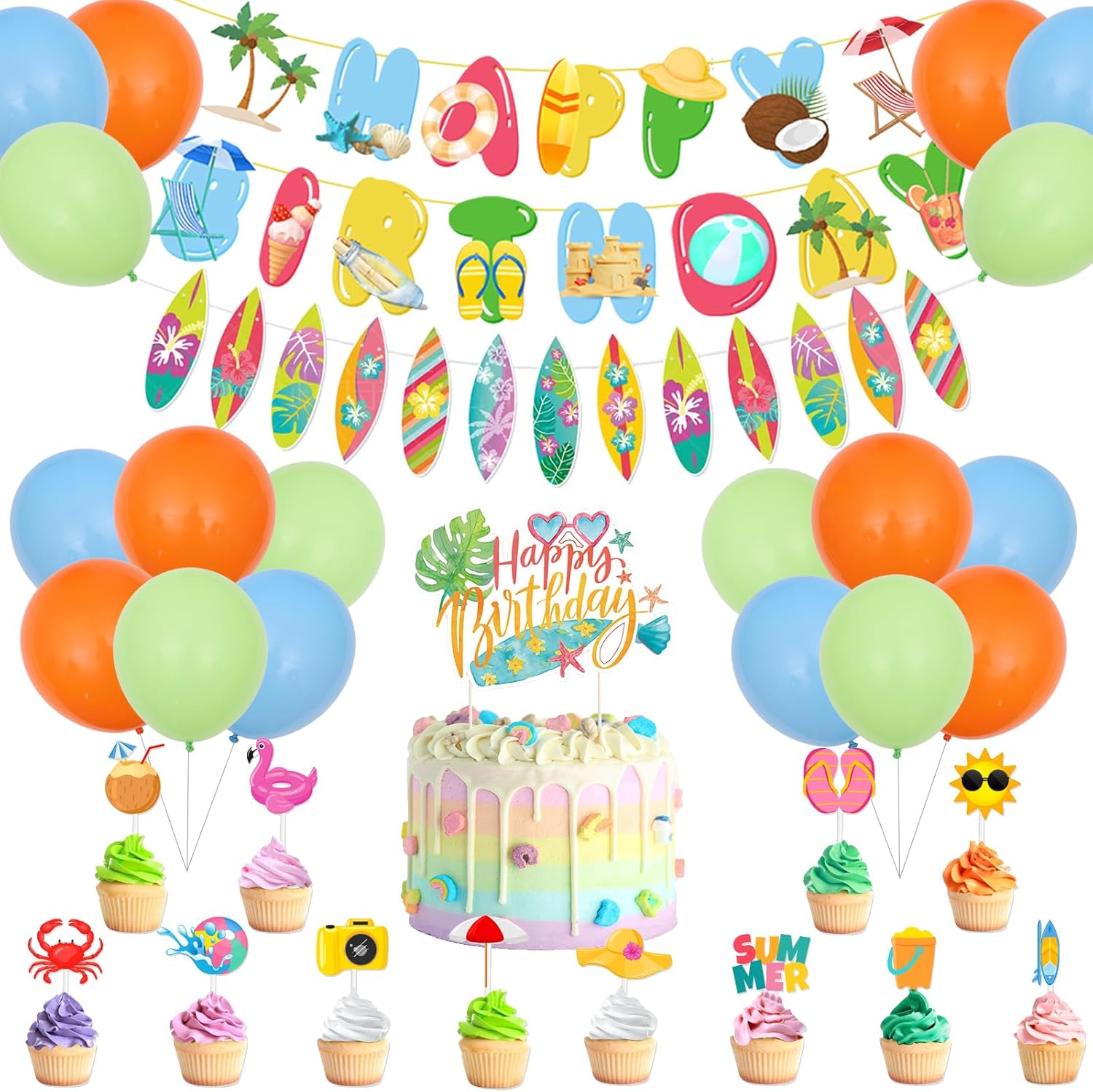 33Pcs Summer Beach Surf Theme Birthday Party Decorations, All In One & Easy to Set