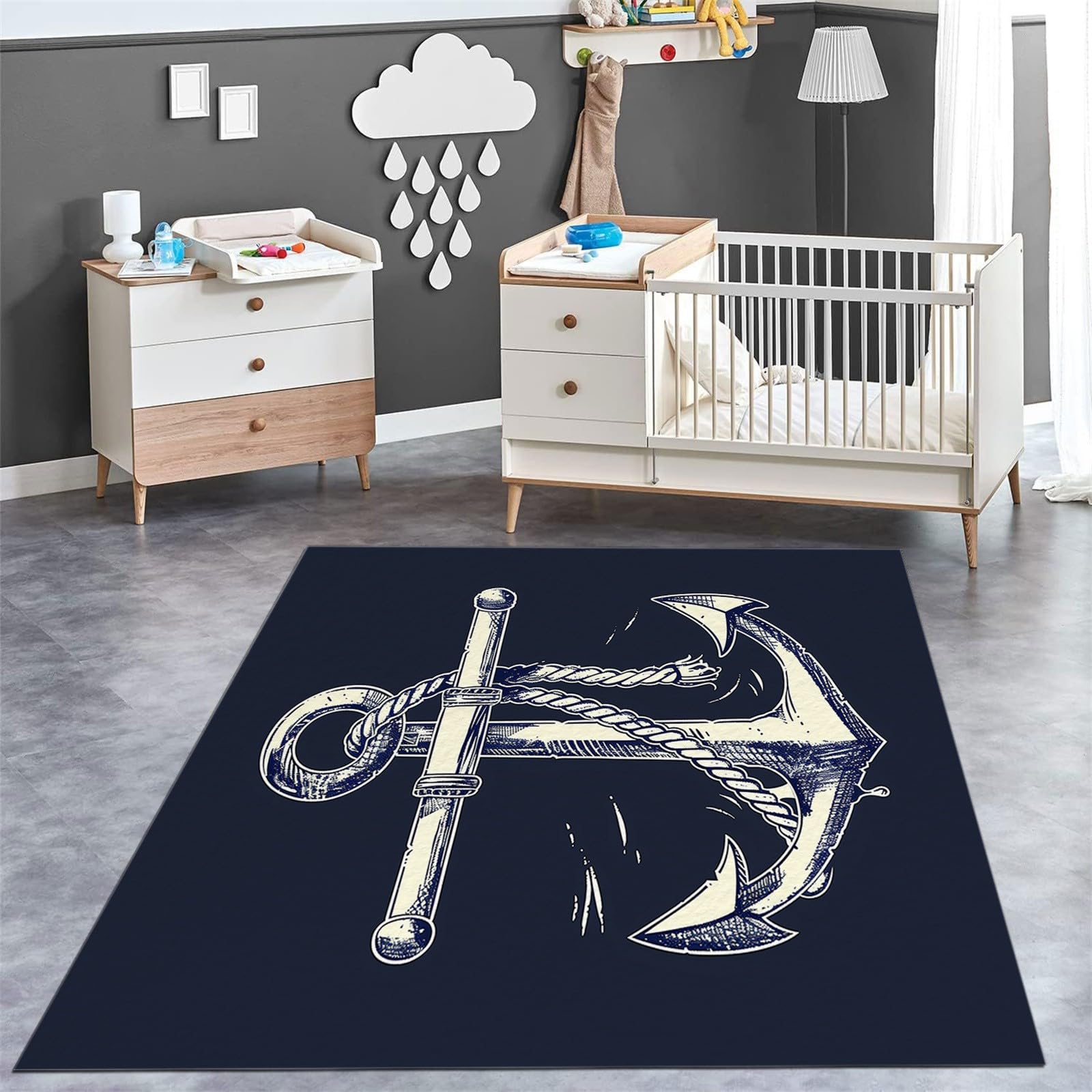Tappeto lavabile 120 x 170 cm, per cameretta dei bambini, stile nautico, antiscivolo, per camera da letto, soggiorno, sala da pranzo, ufficio, sala giochi, tappeto blu a pelo basso stampato