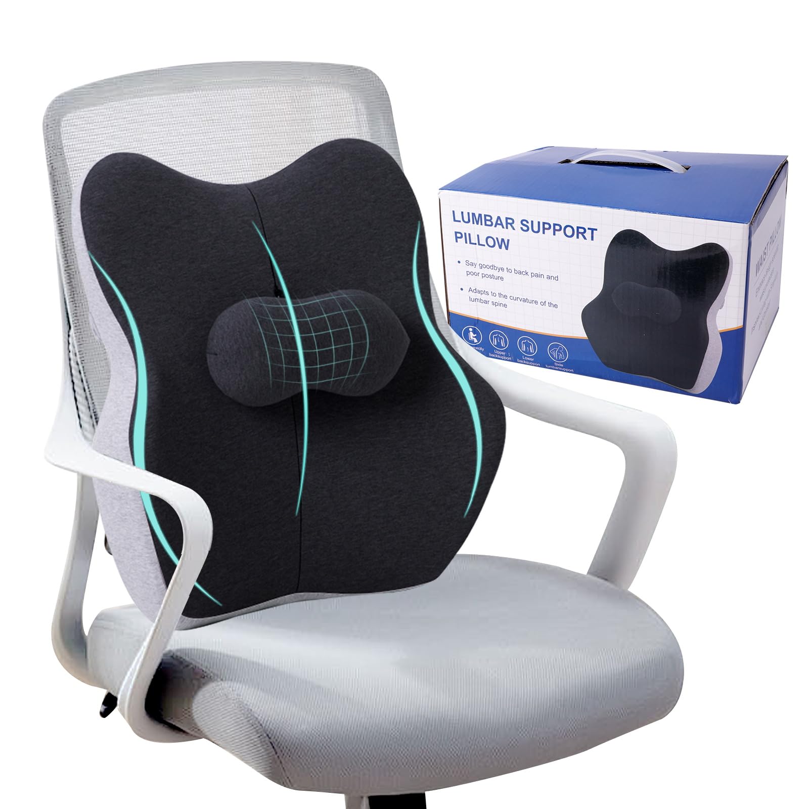 Cojin Lumbar Coche, Cojín de Soporte Lumbar Ergonómic,Cojín Lumbar Ortopédico,Asiento Coche con Esponja Memoria para Ajustable para Silla De Oficina y Gaming,Apoye Cómodamente La Espalda