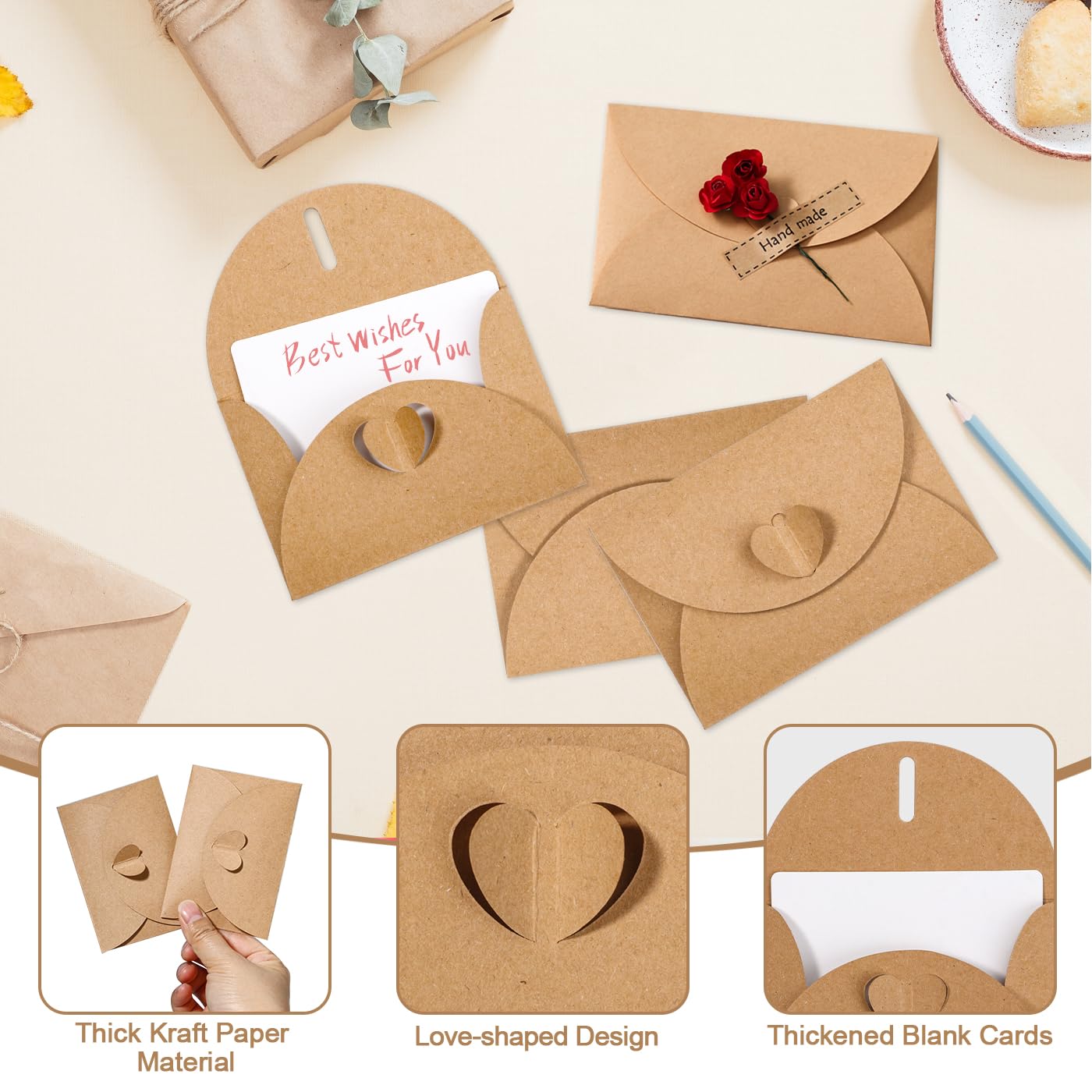 Enveloppes en papier kraft vintage avec fermeture cœur - Lot de 50 avec cartes vierges pour mariage, remerciement