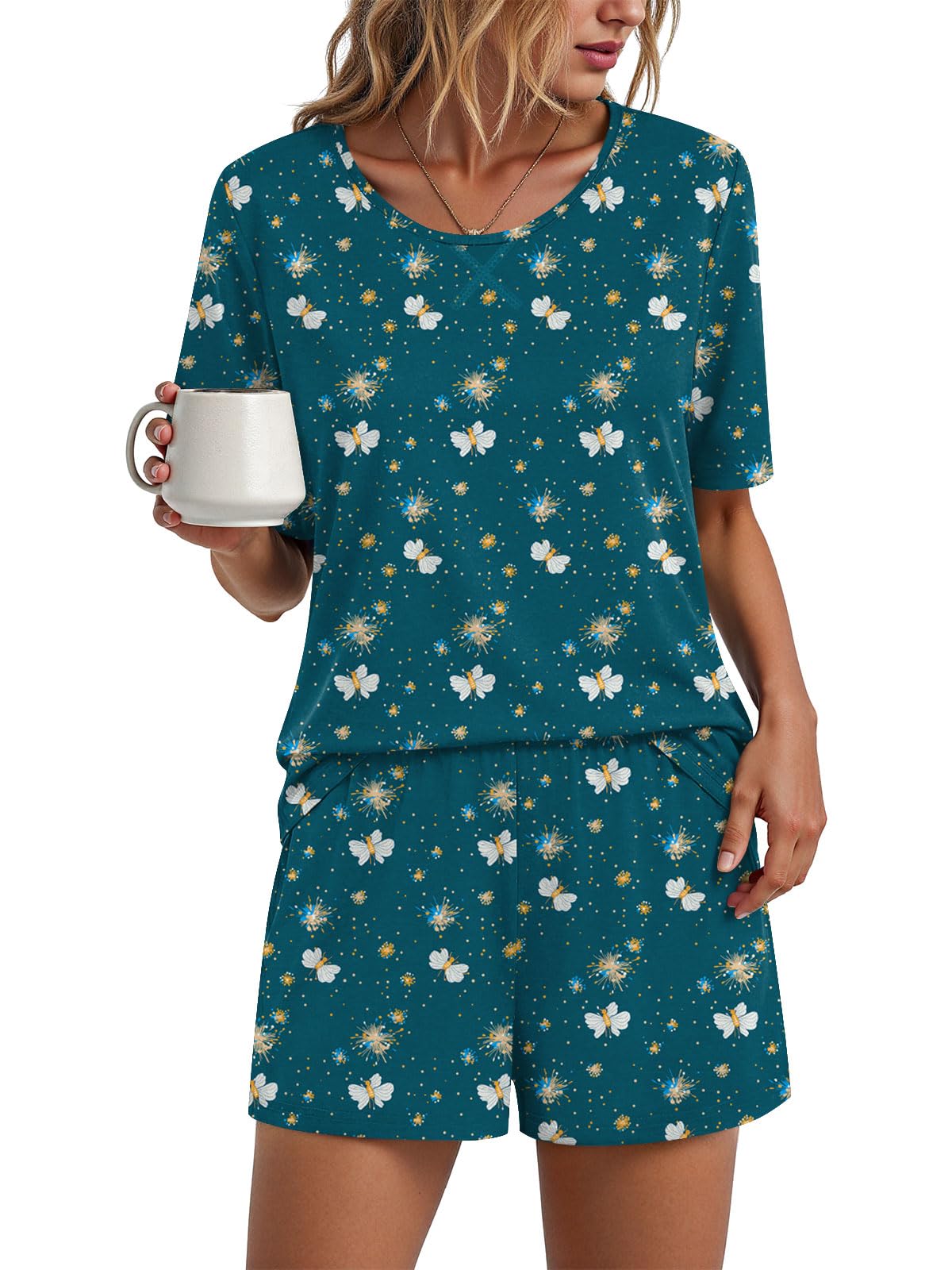 Findsweet Pajama Set for Women 2 Piece Lounge Set Soft Sleepwear Summer Casual Short Pjs Sets with Pockets M-3XL