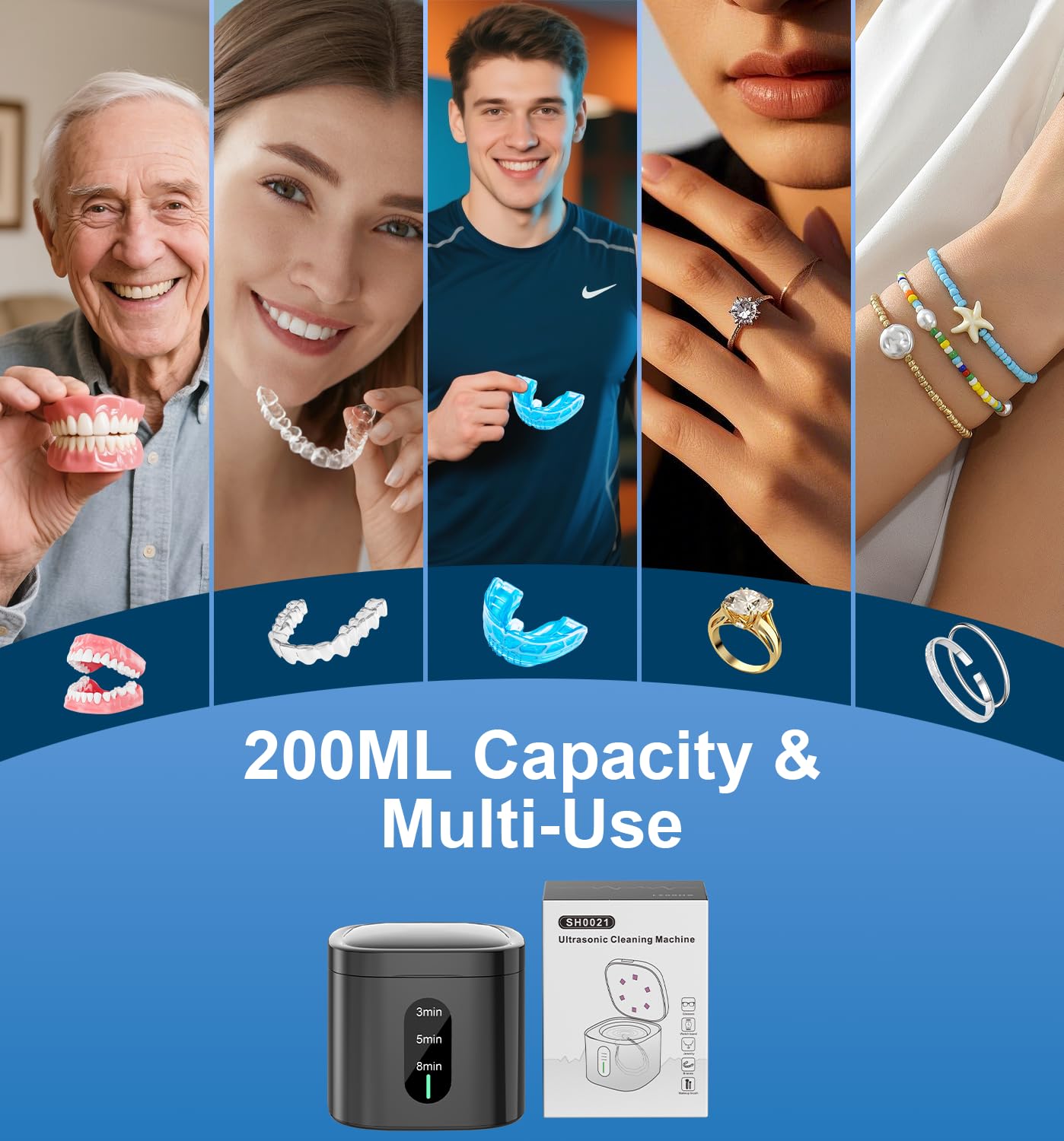 Nettoyeur à ultrasons amélioré, nettoyeur de prothèses dentaires 45 kHz avec minuterie numérique, nettoyeur à ultrasons de 200 ml pour appareils dentaires, garde-nuit, aligneur, brosse à dents, bijoux