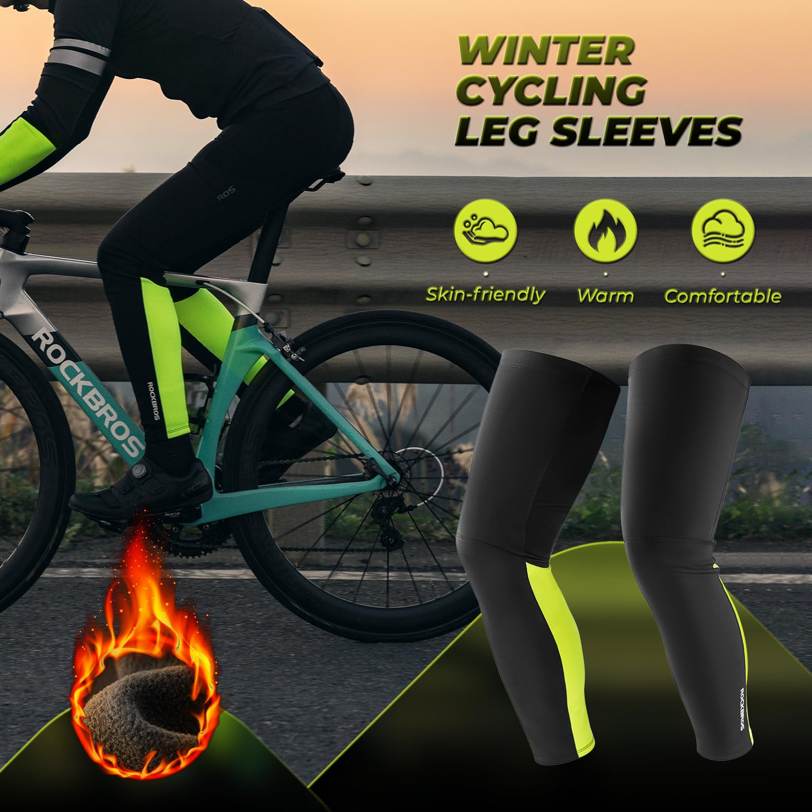 ROCKBROS Perneras de Ciclismo Invierno, Calentadores de Piernas Polar Térmico a Prueba de Viento Antideslizante para Hombre Mujer, para Bicicleta Running Deportes