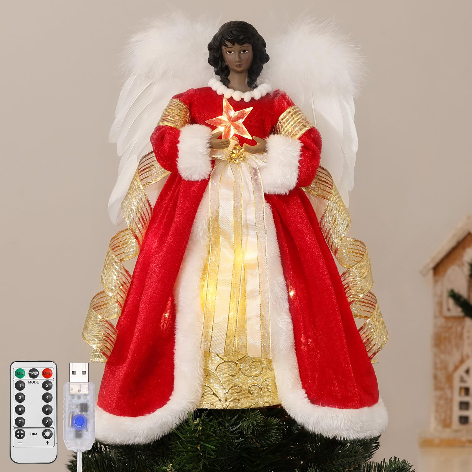 Lewondr Ange Noir de la Cime du Sapin de Noël, 12" Cimier d'Arbre de Noël Ange avec 8 Modes de Lumière, Figurine d'Ange avec Aile, Décoration de l'Arbre de Noël avec Minuterie 6H pour la Maison, Rouge