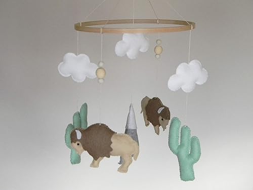 Miniatura 2 de Buffalo nursery mobile Bison baby mobile Cactus crib mobile Buffalo nursery decor Felt mobile baby boy Tribal nursery woodland mobile