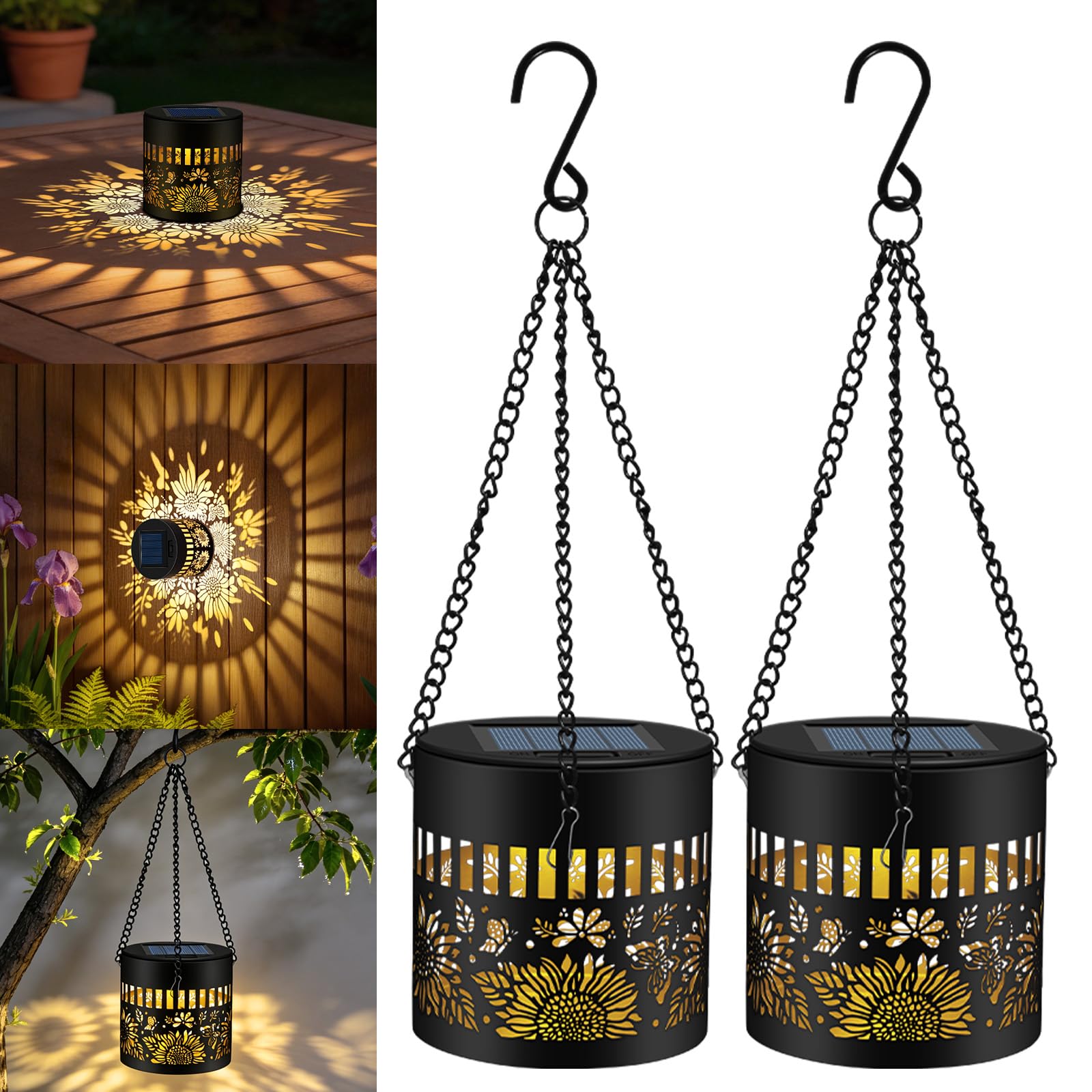 FLSEPAMB Solarlaterne für Außen, 2 Stück Warmweiße Garten Solarlampen für Außen Hängend, Auto Ein-/Aus Solarlampen für Außen Wand, Wasserdicht Garten Dekoration für Balkon, Terrasse, Wegen, Patio
