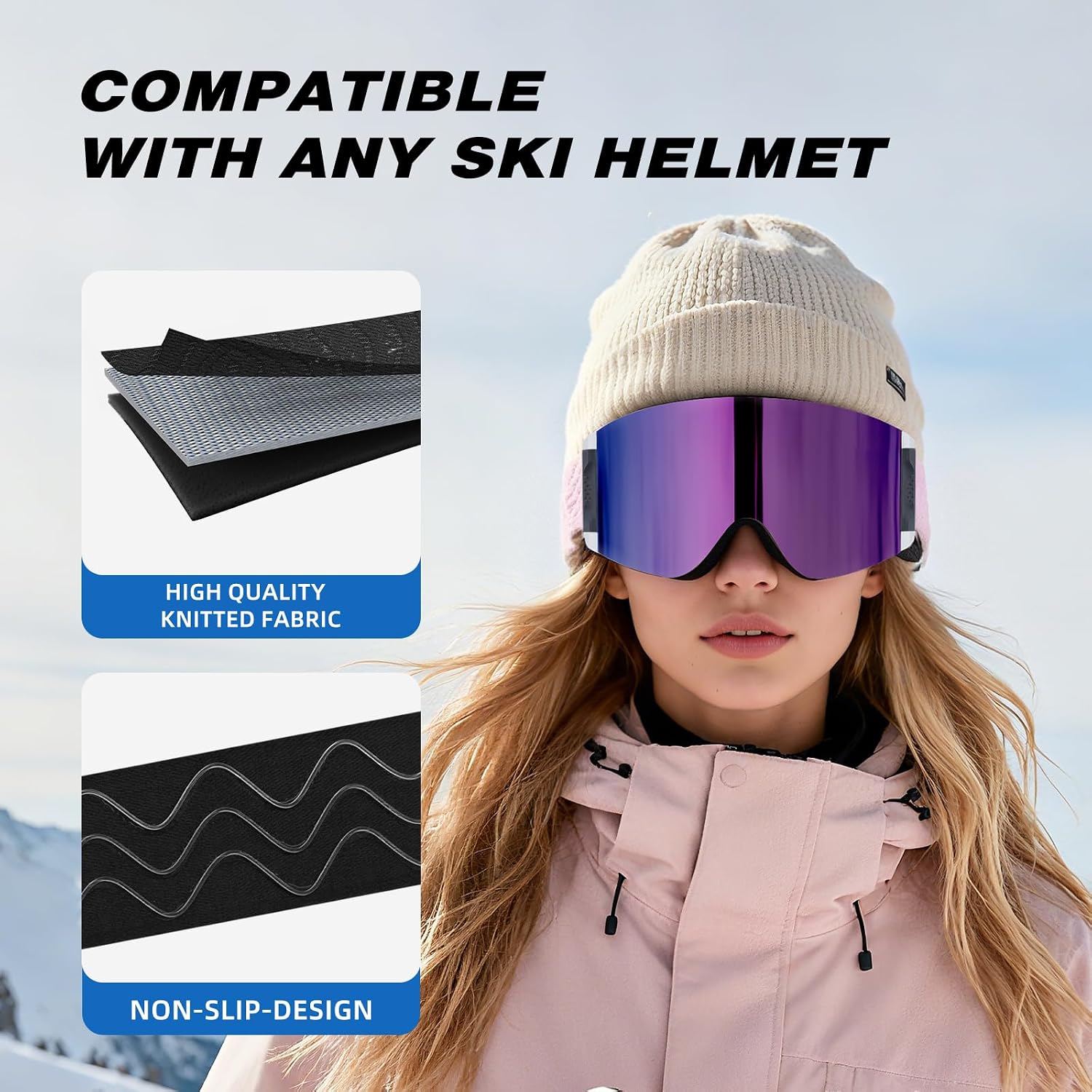 Ski Goggles Anti-Fog with HD Lens, UV Protection, Magnetic Lens, OTG Snowboard Snow Goggles for Men Women