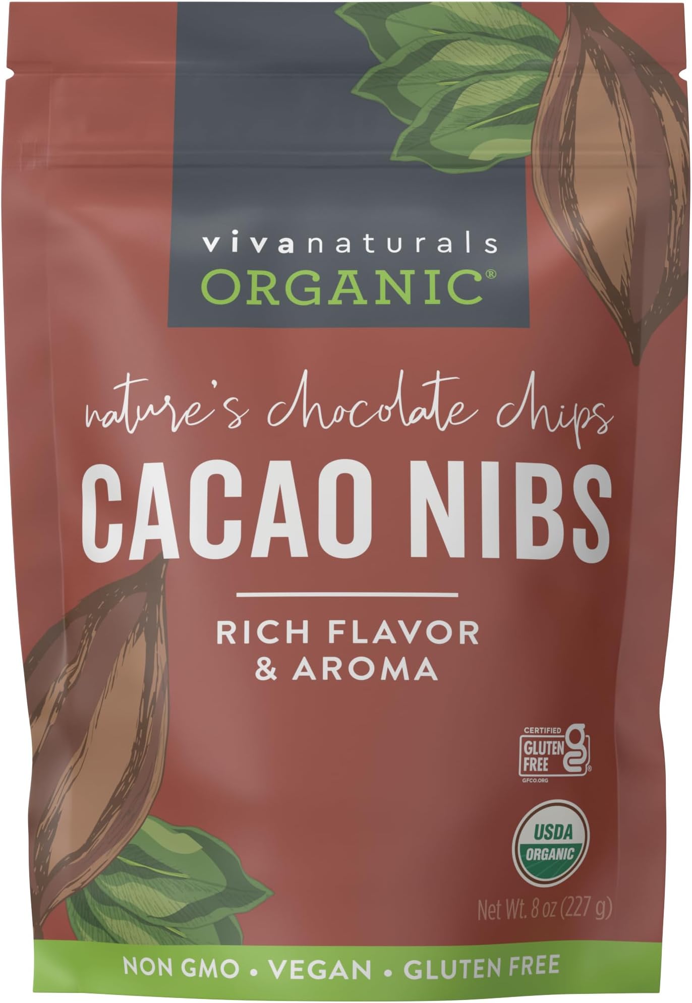 Organic Cacao Nibs, Unsweetened, 8 oz (227 g), Keto Friendly, Vegan, Non-GMO, Gluten-Free Chocolate Chip Substitute
