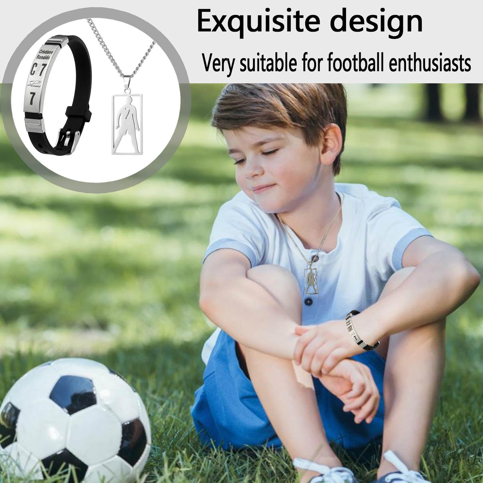 Juego de collar de fútbol de acero inoxidable ajustable y pulsera de silicona para hombres