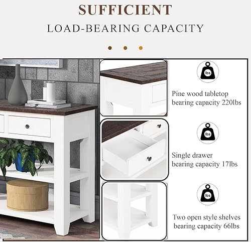 Miniatura 4 de Mesa consola de madera maciza de 48 pulgadas, mesa de sofá de madera de pino con cajones de almacenamiento y estantes, mesa de entrada retro para