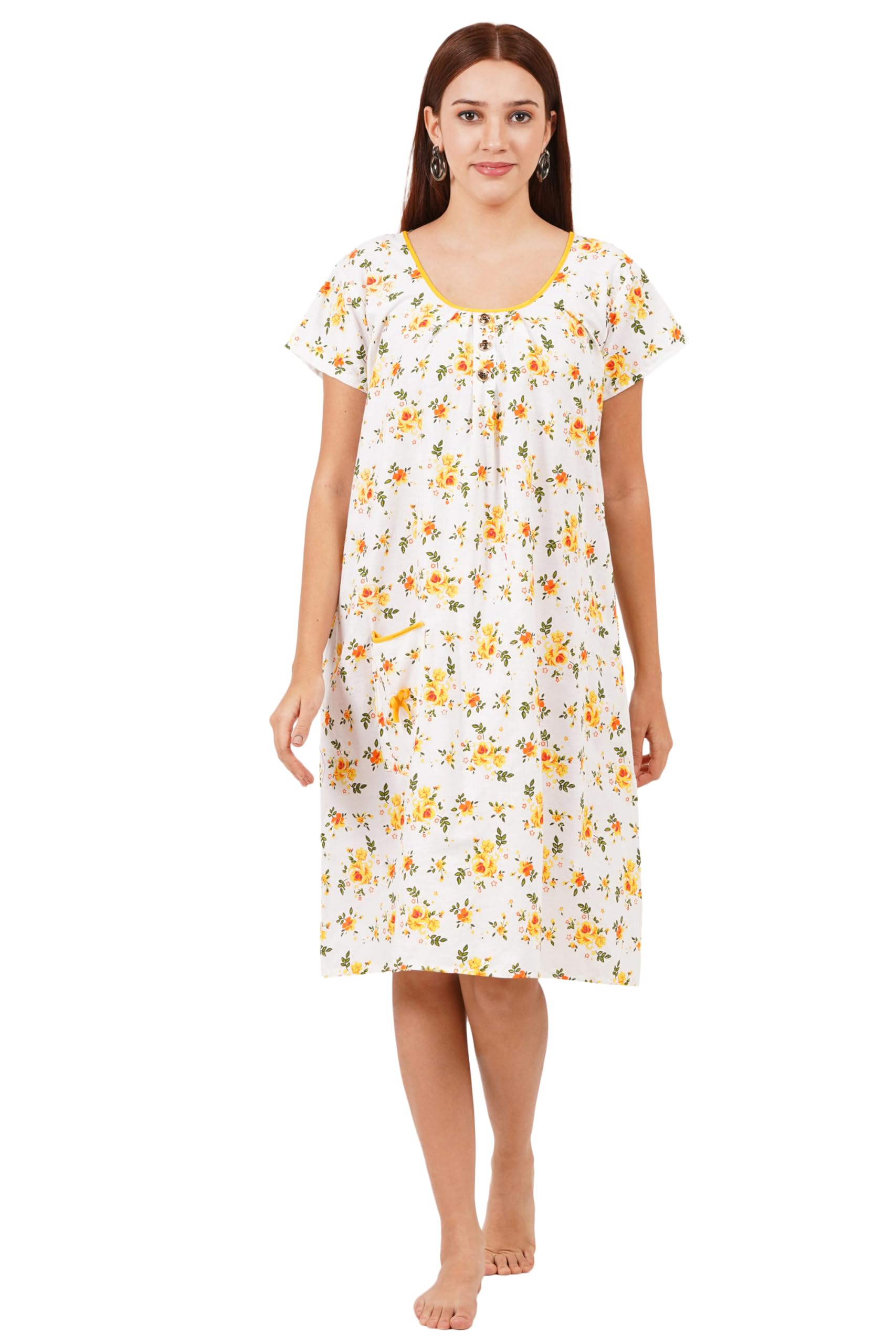 Woman's Long Short Calf Length Pure Cotton Nighty Yellow