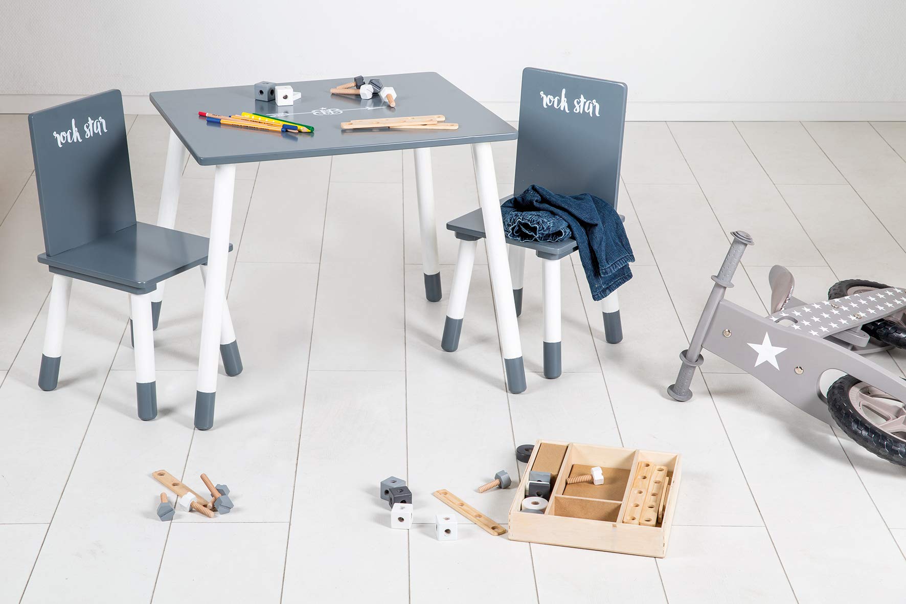 roba Ensemble Table + 2 Chaises Enfants "Rock Star Baby 3" - Pieds en Bois Massif - Style Scandinave - Gris Foncé/Blanc