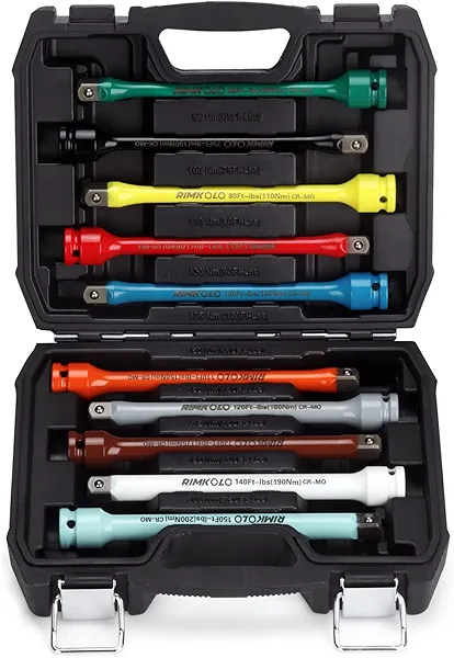 RIMKOLO 1/2" Drive Torque Limiting Extension Bar Set, 10-Piece Impact Torque Limiter Set with 8 Inch Color-Coded CR-MO Torque Sticks (65 to 150 Ft-Lbs) for Locking Lug Nuts