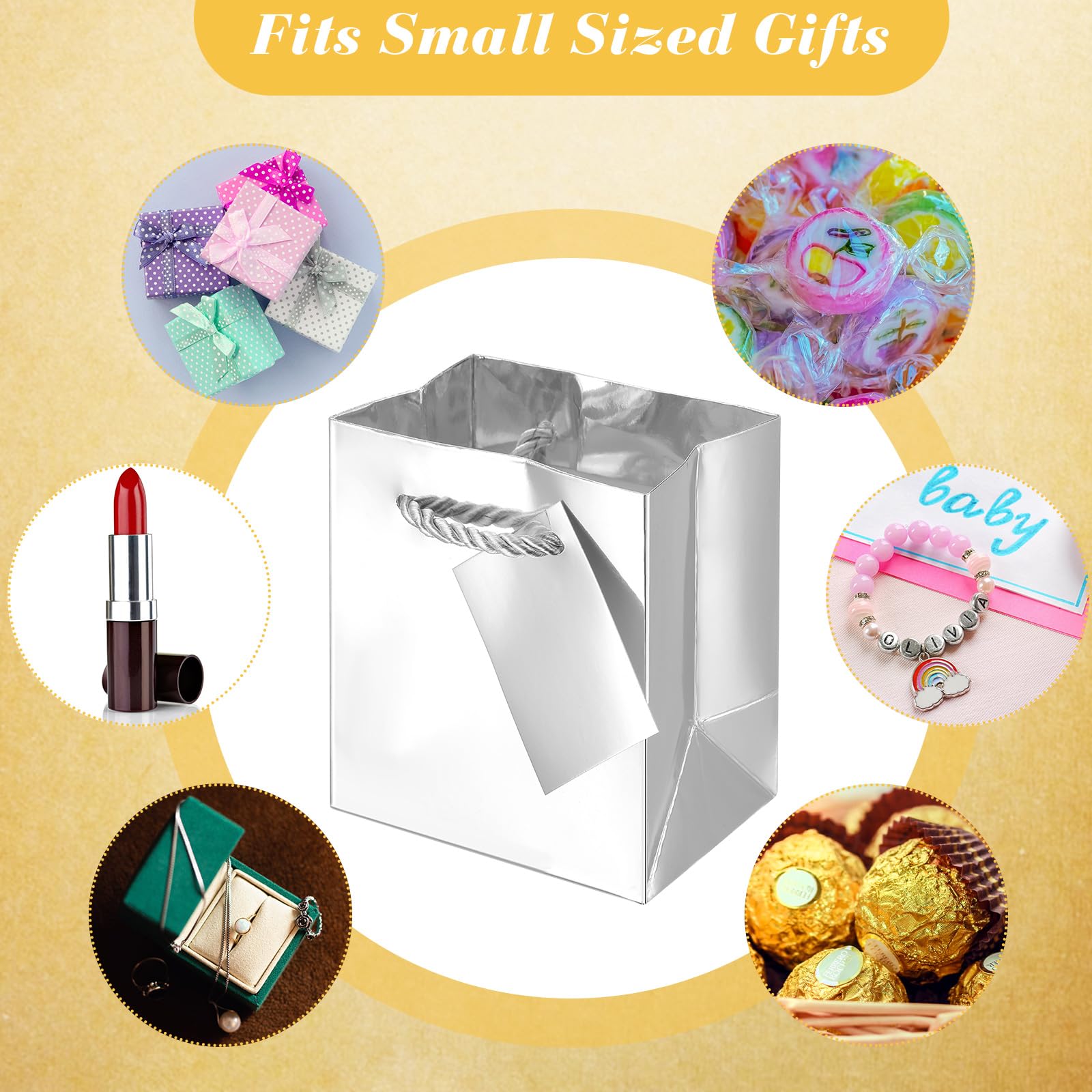 Sherr 100 Pcs Mini Gift Bags Bulk, 4 x 2.75 x 4.5 in Paper Bag with Tag, Extra Small Paper Gift Boxes with Handles for Birthday, Party Favor, Wedding, Small Business, Spring Easter(Silver)