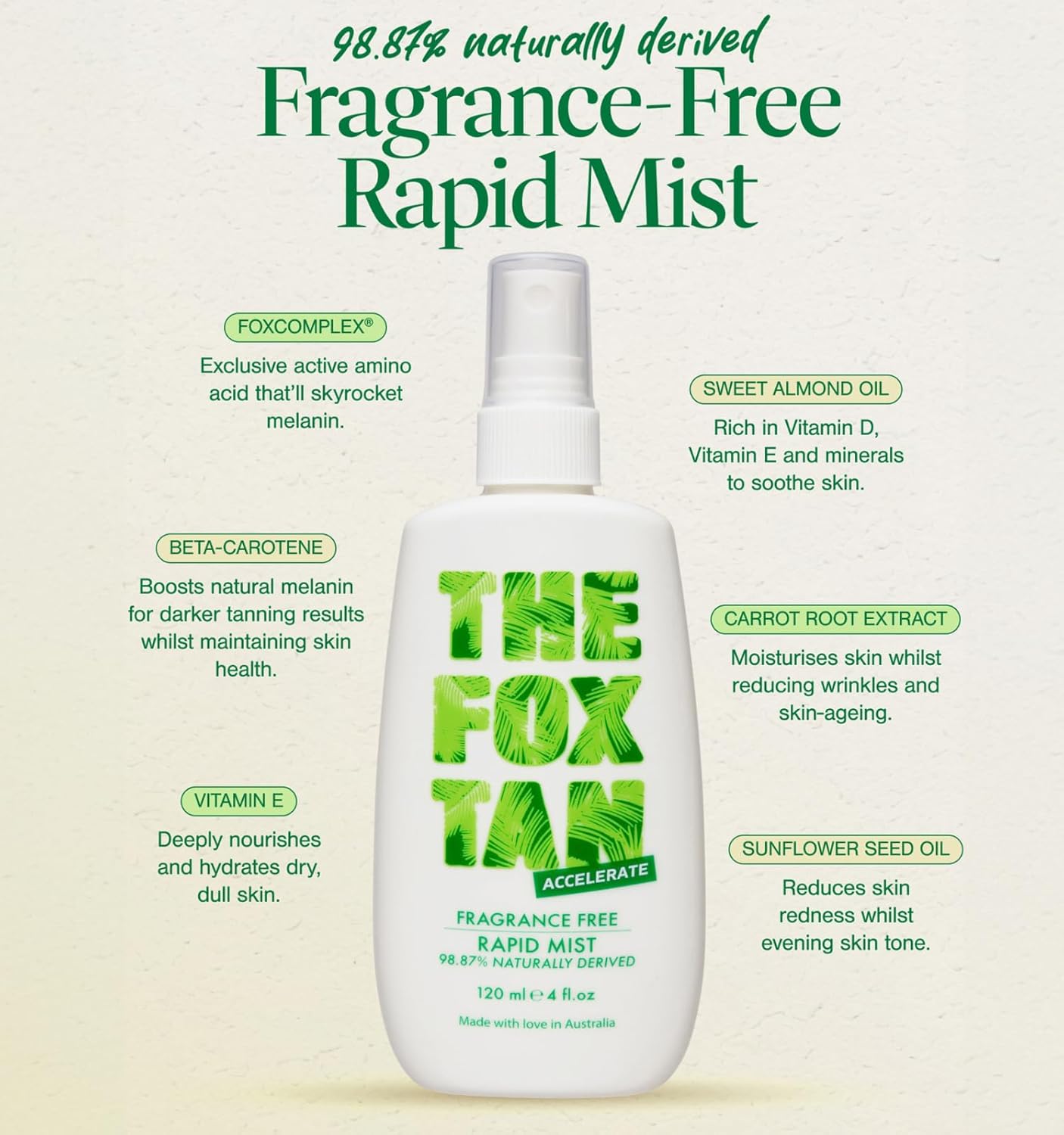 The Fox Tan Fragrance-Free Rapid Tanning Mist, Natural Tanning Accelerator Mist For Darker & Faster Tans, Flawless Tans, Vegan & Cruelty Free, 120mL
