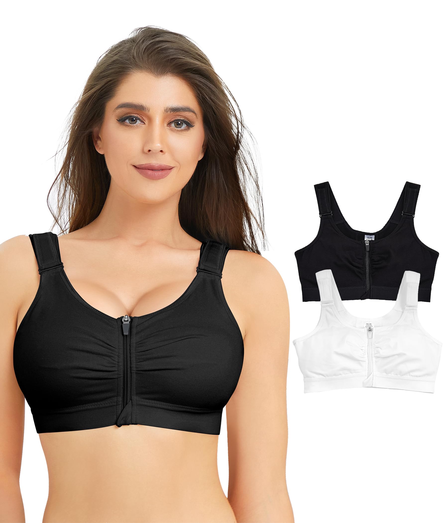 BRABIC Sujetador diario con cierre frontal y cremallera para mujer, soporte de compresión postoperatorio, con correas ajustables, sin varillas, Negro + blanco, paquete de 2, X-Small