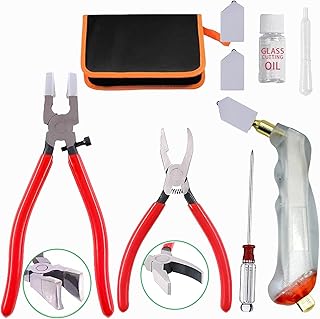Puwany Glass Cutting Tool Kit,Glass Cutters Tools Set with Oil Feed Glass Cutter Glass Running Pliers Breaker Pliers, Glass Cutting for Stained Glass Mosaic Tiles Mirrors,Zipper Package