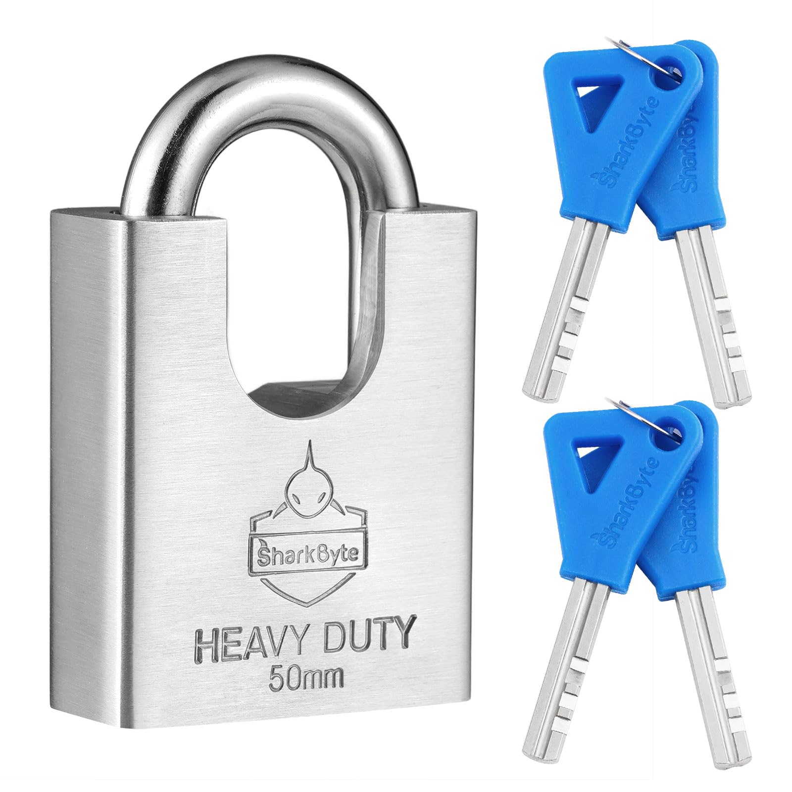 Sharkbyte Heavy Duty Padlock [Never Rust] 50mm Waterproof Stainless Steel High Security Anti-Cut Concealed Shackle, 4 Keys, Weatherproof Outdoor Lock for Container, Shutter, Warehouse, Gate, Garage