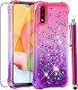 for Galaxy A01 Case with Tempered Glass Screen Protector,Glitter Bling Floating Liquid Sparkle Quicksand Women Girls Cute Clear TPU Phone Cover Protective for Samsung Galaxy A01 -PinkPurple