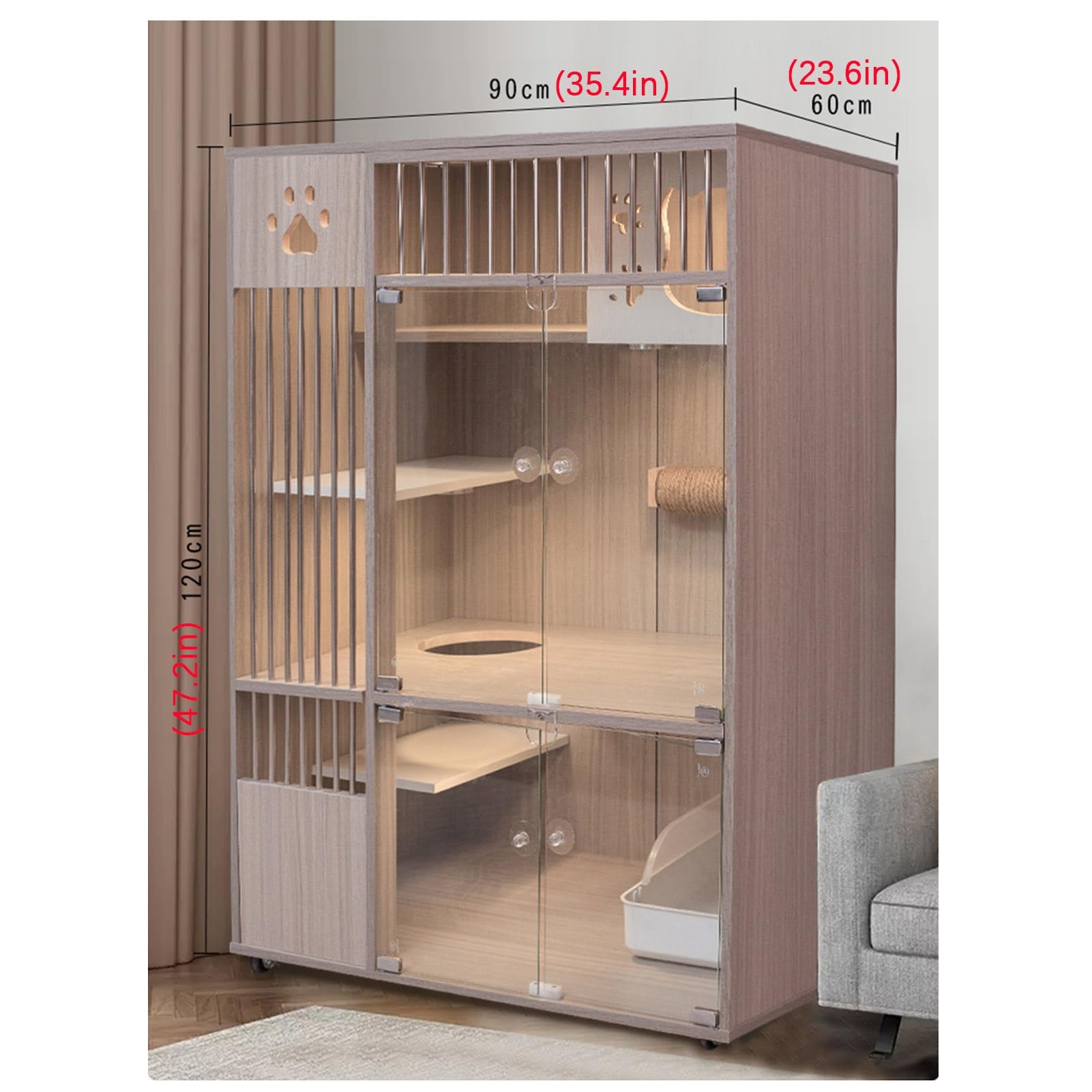 Recinto per Gatti, Gabbia per Gatti Grande in Legno con Vetro Temperato e Ringhiera in Acciaio, Recinto per Animali Domestici con Trampolino e Ruote, Ideale per 1-3 Gatti, 23,6x35,4x47,2 Pollici