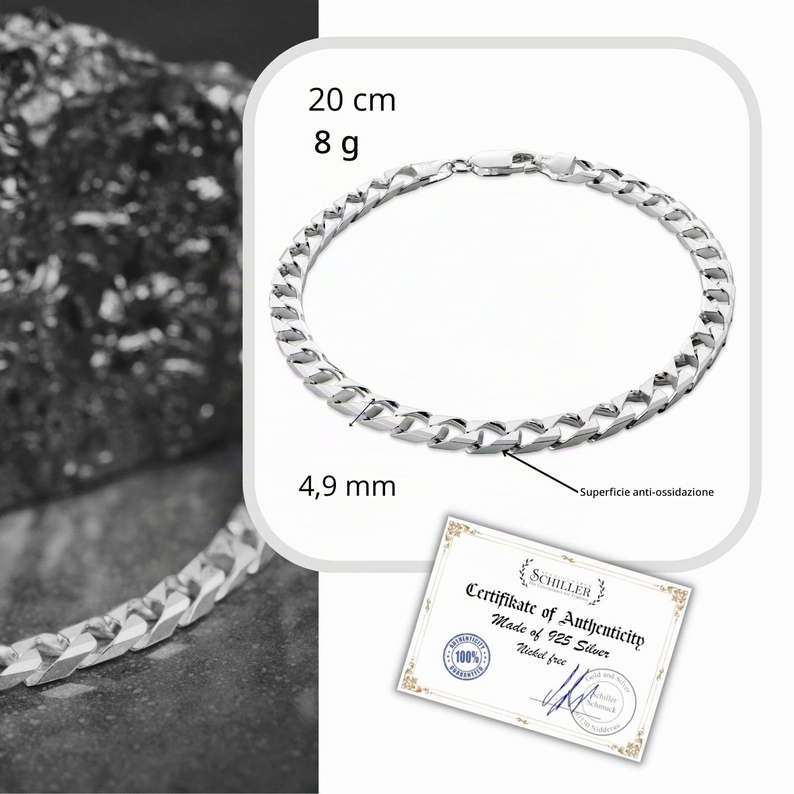 Bracciale Maschile In Argento 925 Massiccio Con Chiusura A Moschettone