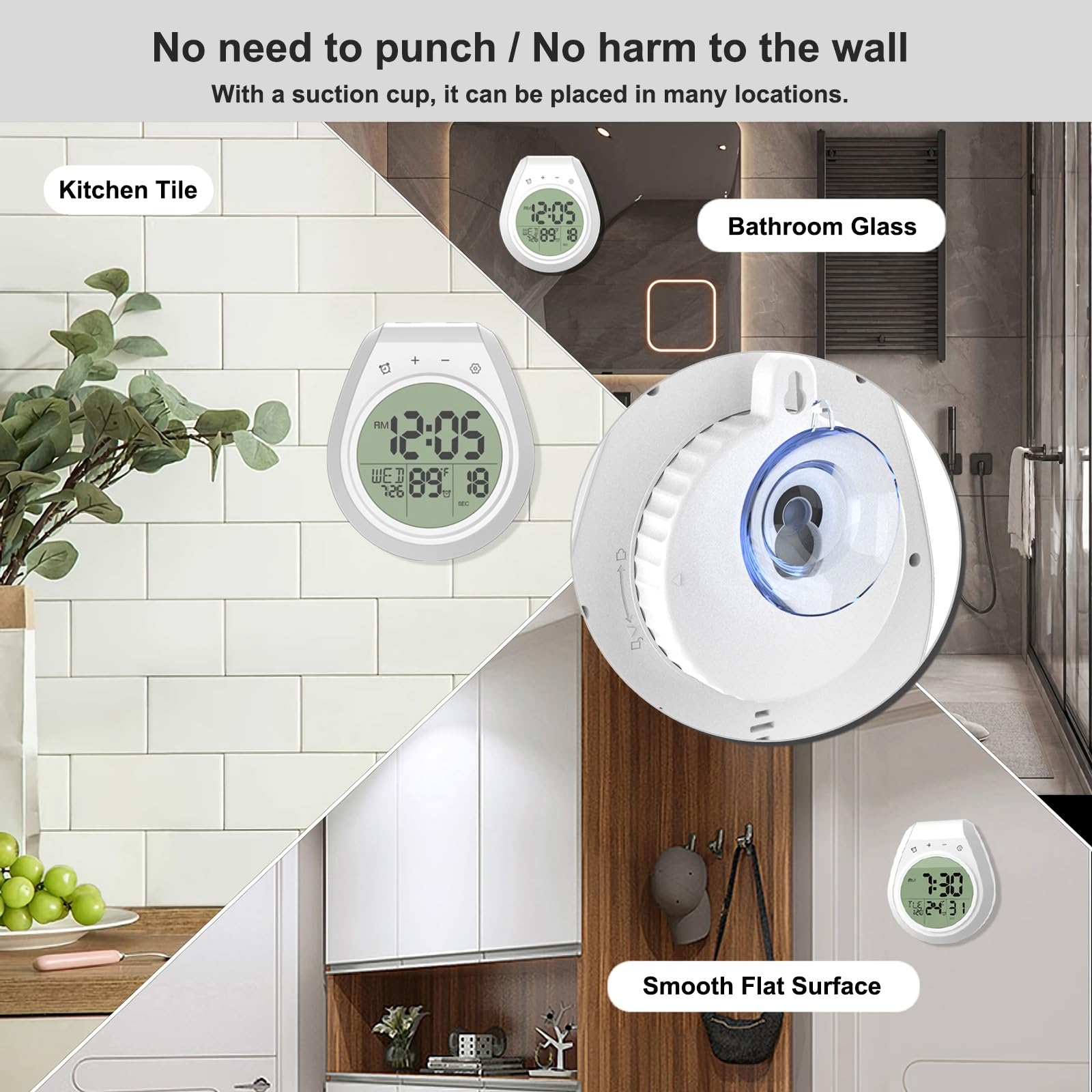 Shower Clock Waterproof, Bathroom Clock with Temperature & Shower Timer, Small Digital Wall Clock Battery Operated with Suction Cup and Hanging Hole for Kitchen